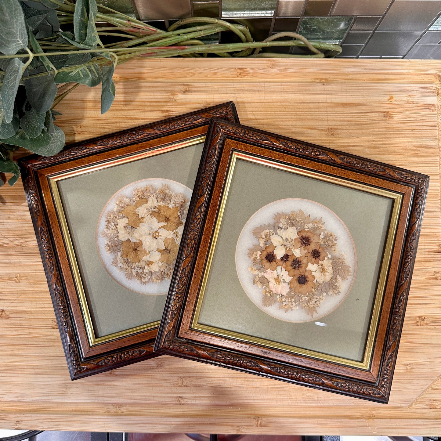 Vintage Framed Dried Pressed Flowers - Pair of Gold & Wood Frames with Pale Green Mounts - Real Flowerheads by Keith & Christine Head