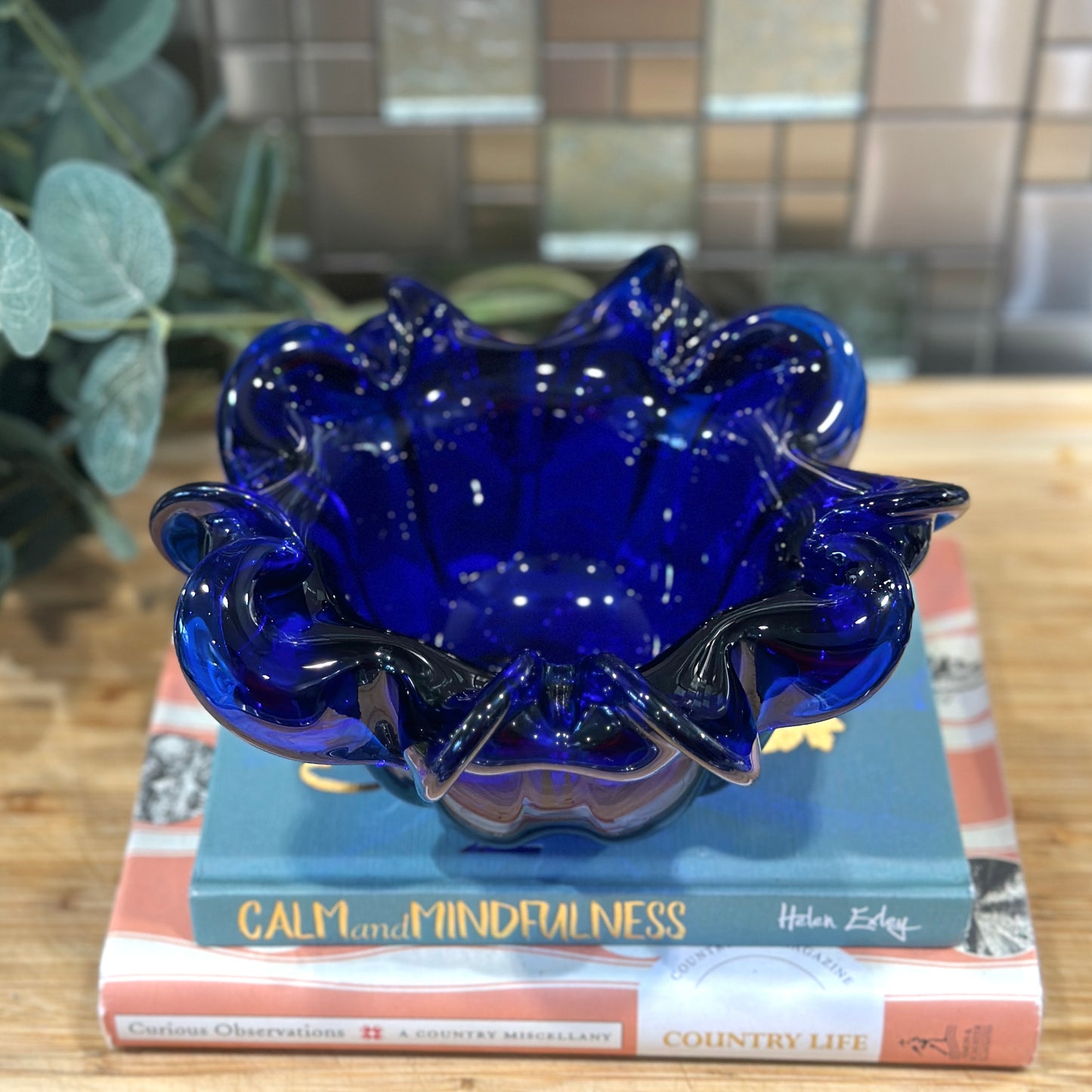 Heavy Vintage Cobalt Blue Glass Ashtray - Ruffled Rim, Polished Base