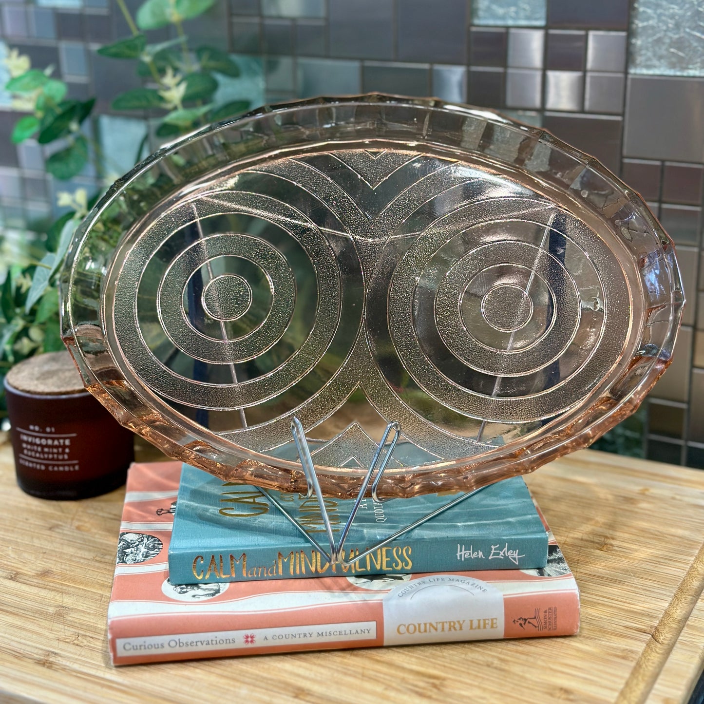 Art Deco Blush Pink Glass Tray - Vintage Vanity Tray - Pressed Glass