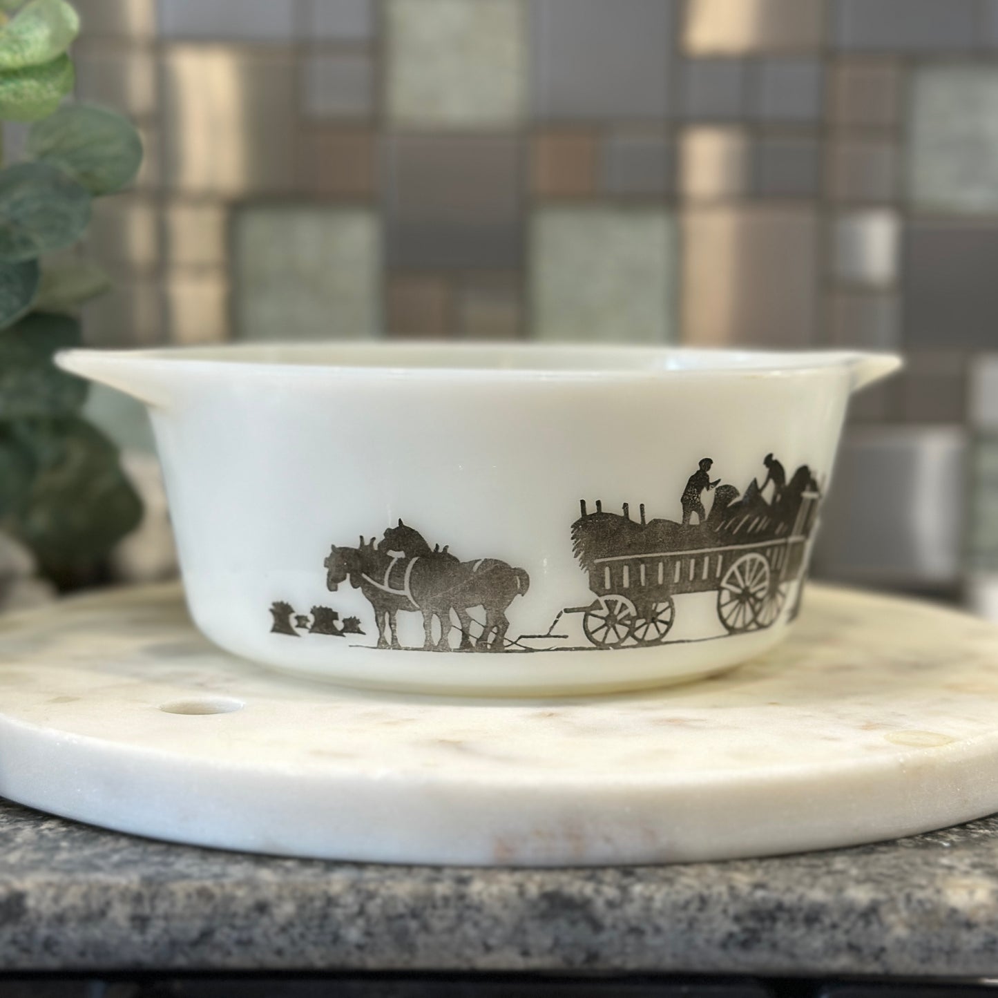 Vintage JAJ Pyrex Casserole Dish with Harvest Silhouette Haymaker Pattern