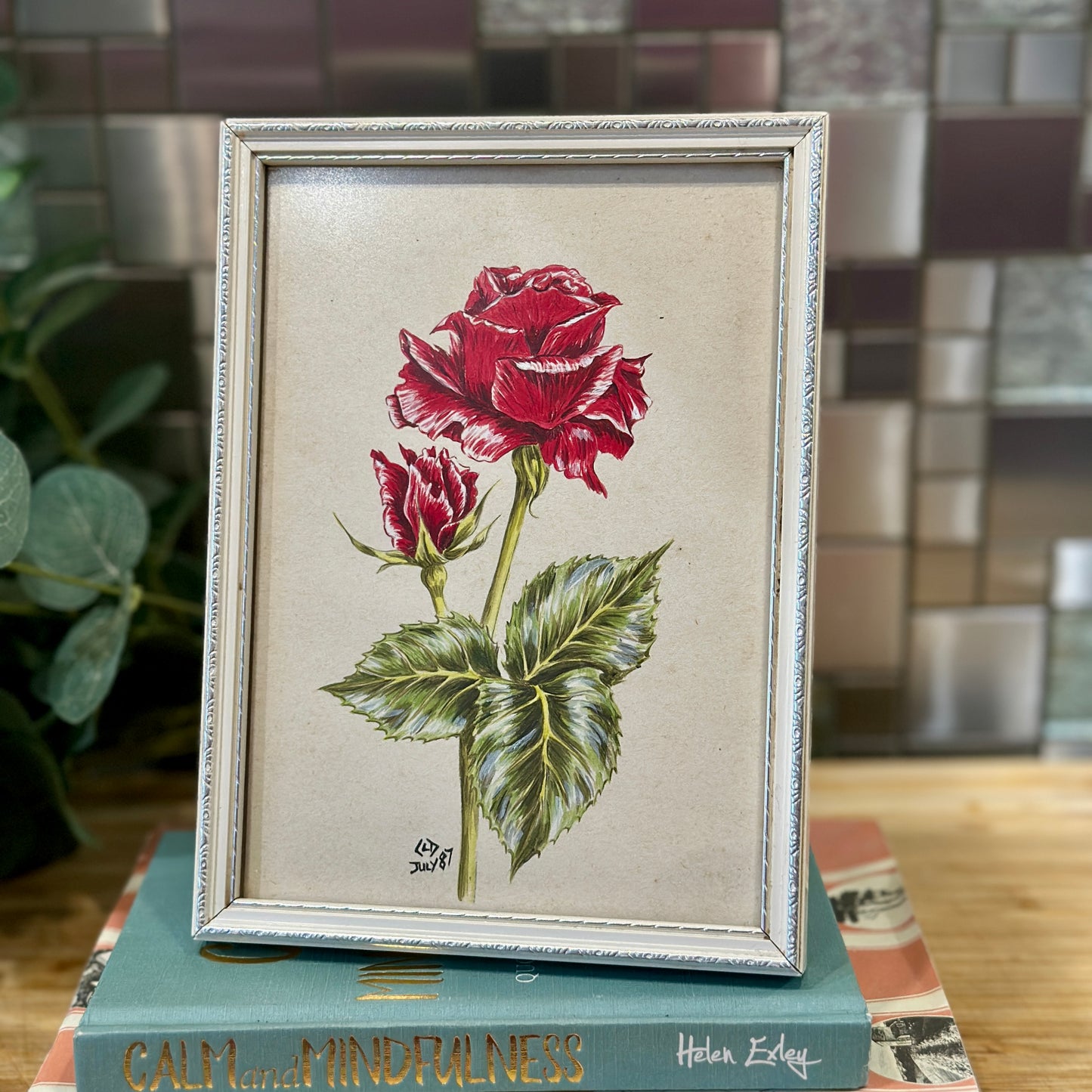 Vintage Framed Rose Drawing on Paper - Original Art by CLD (1987)