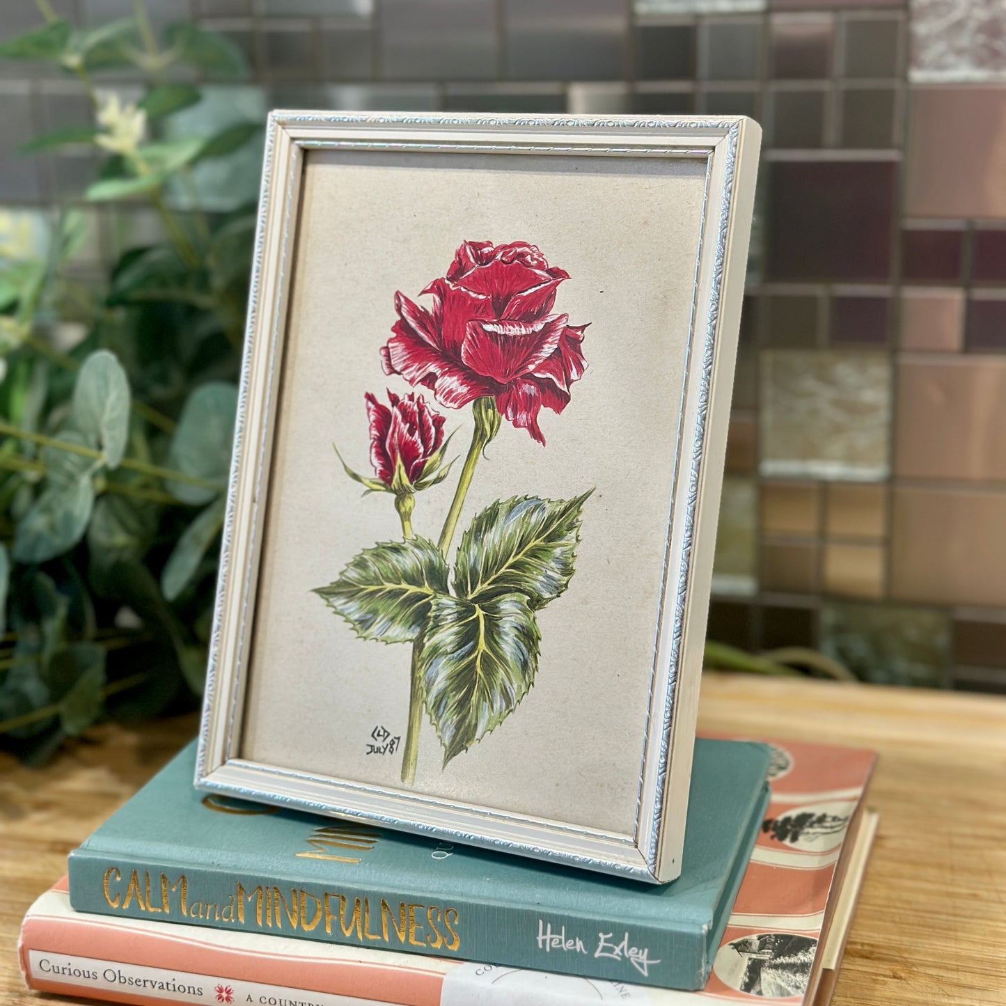 Vintage Framed Rose Drawing on Paper - Original Art by CLD (1987)