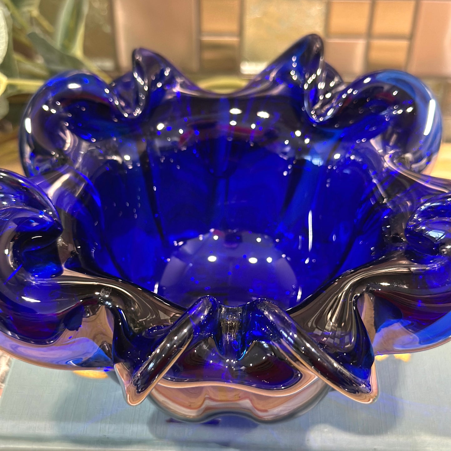 Heavy Vintage Cobalt Blue Glass Ashtray - Ruffled Rim, Polished Base