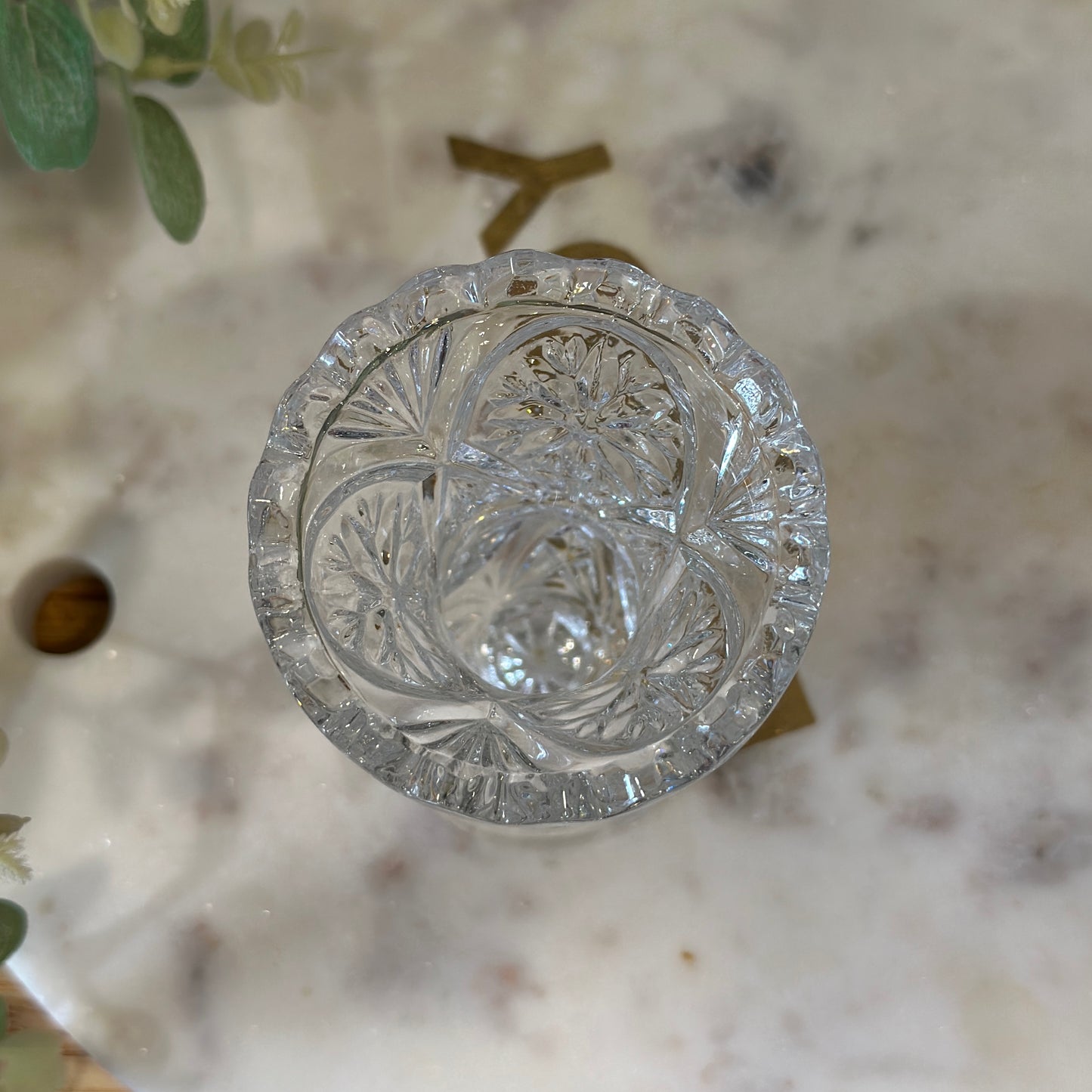 Vintage Cut Glass Footed Violet Vase - Embossed Starburst, Sawtooth Rim