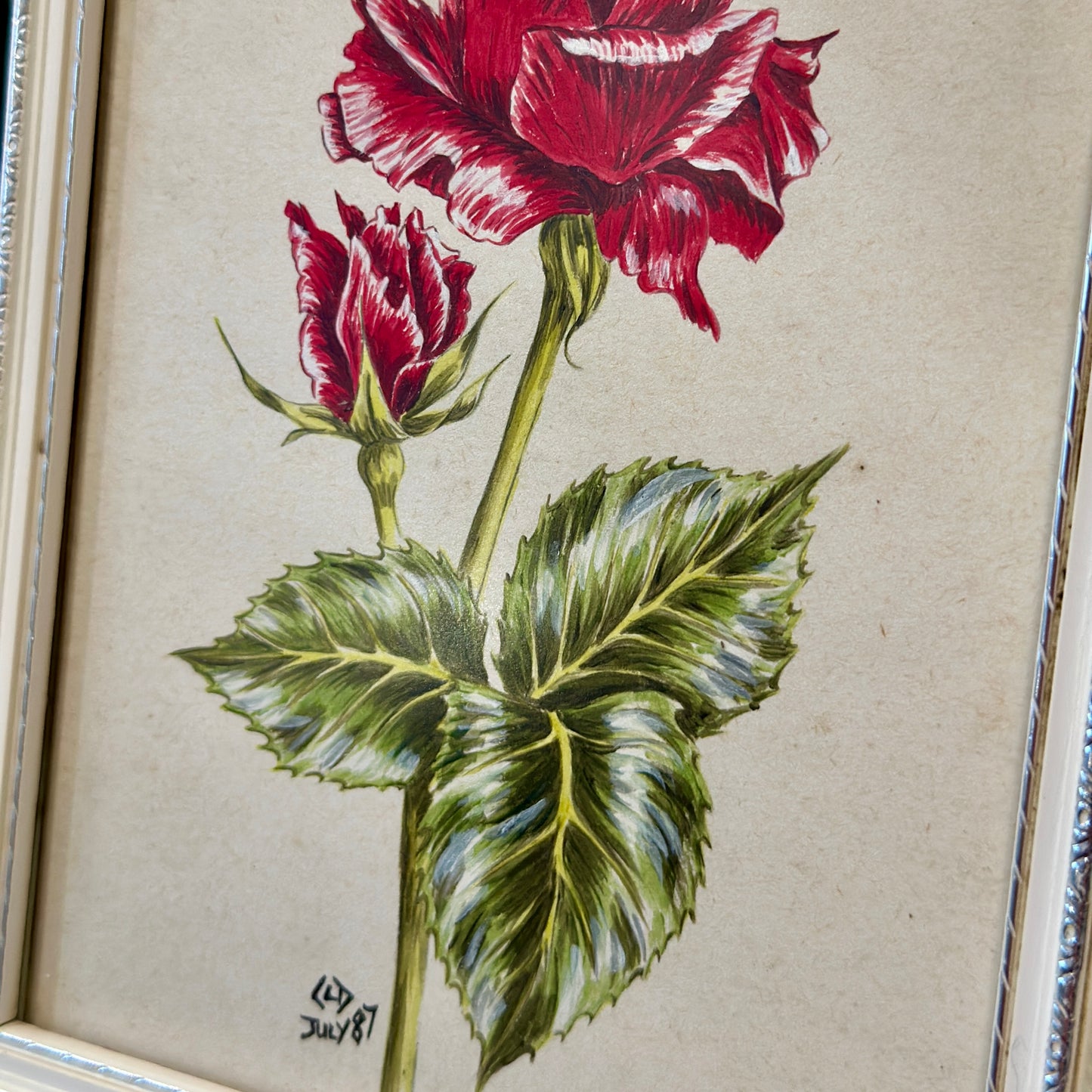 Vintage Framed Rose Drawing on Paper - Original Art by CLD (1987)