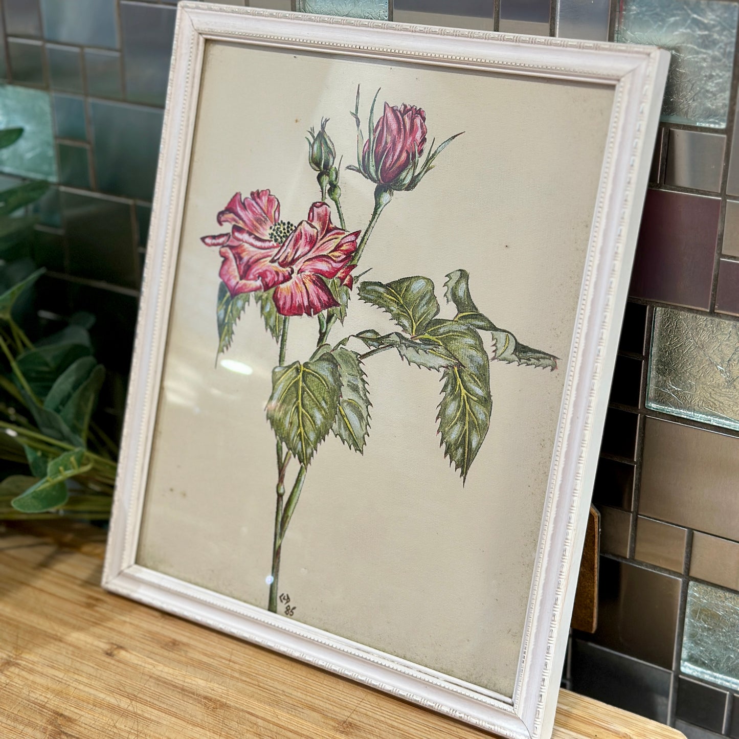 Vintage Framed Rose Drawing on Paper - Original Art by CLD (1985)