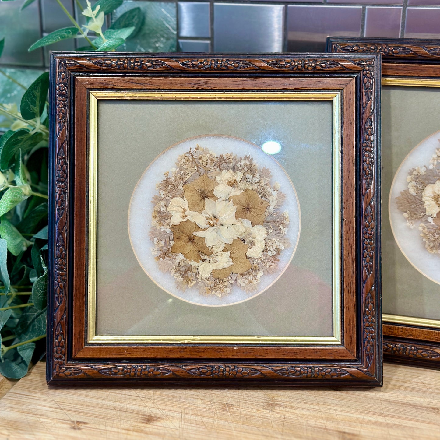 Vintage Framed Dried Pressed Flowers - Pair of Gold & Wood Frames with Pale Green Mounts - Real Flowerheads by Keith & Christine Head