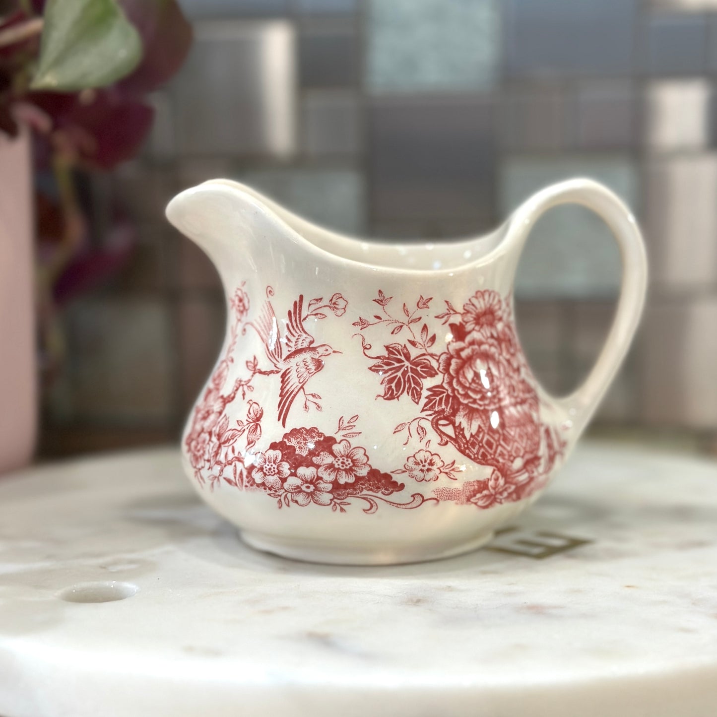 Vintage English Ironstone Creamer Jardiniere - Red Birds and Flowers