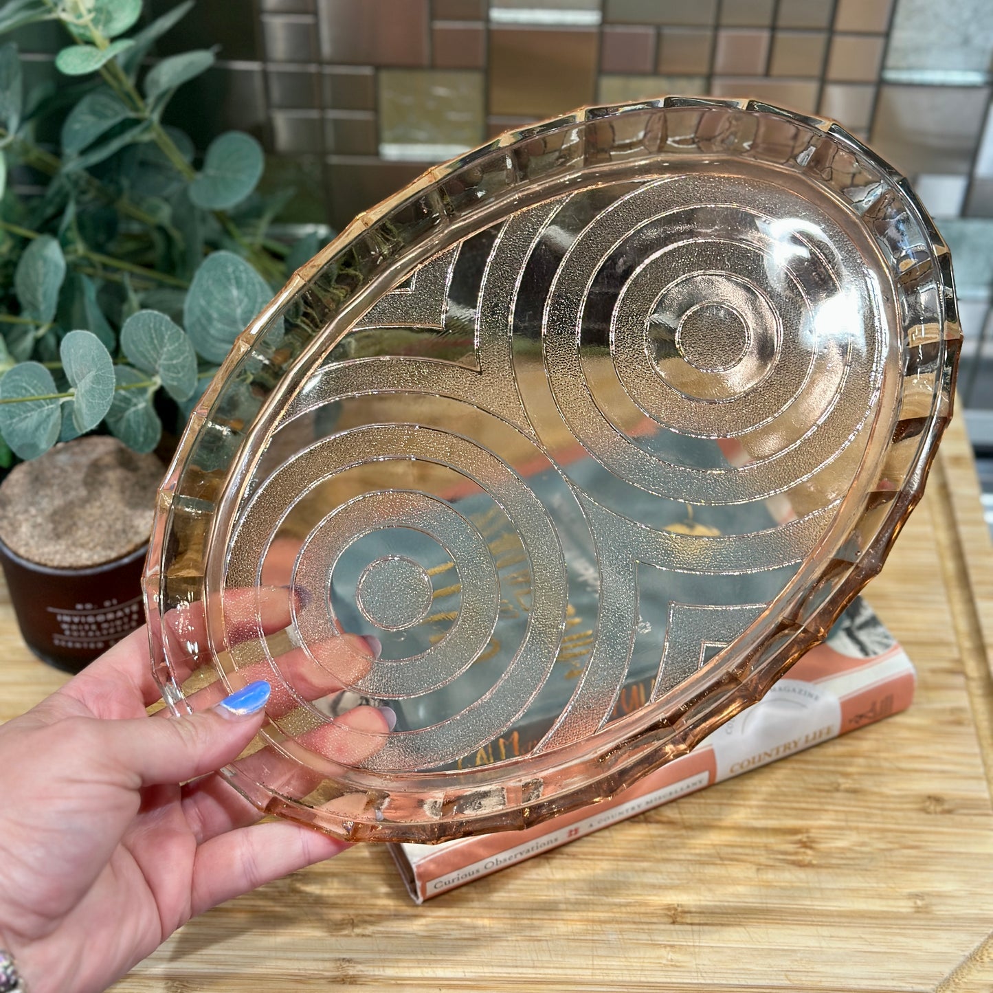 Art Deco Blush Pink Glass Tray - Vintage Vanity Tray - Pressed Glass