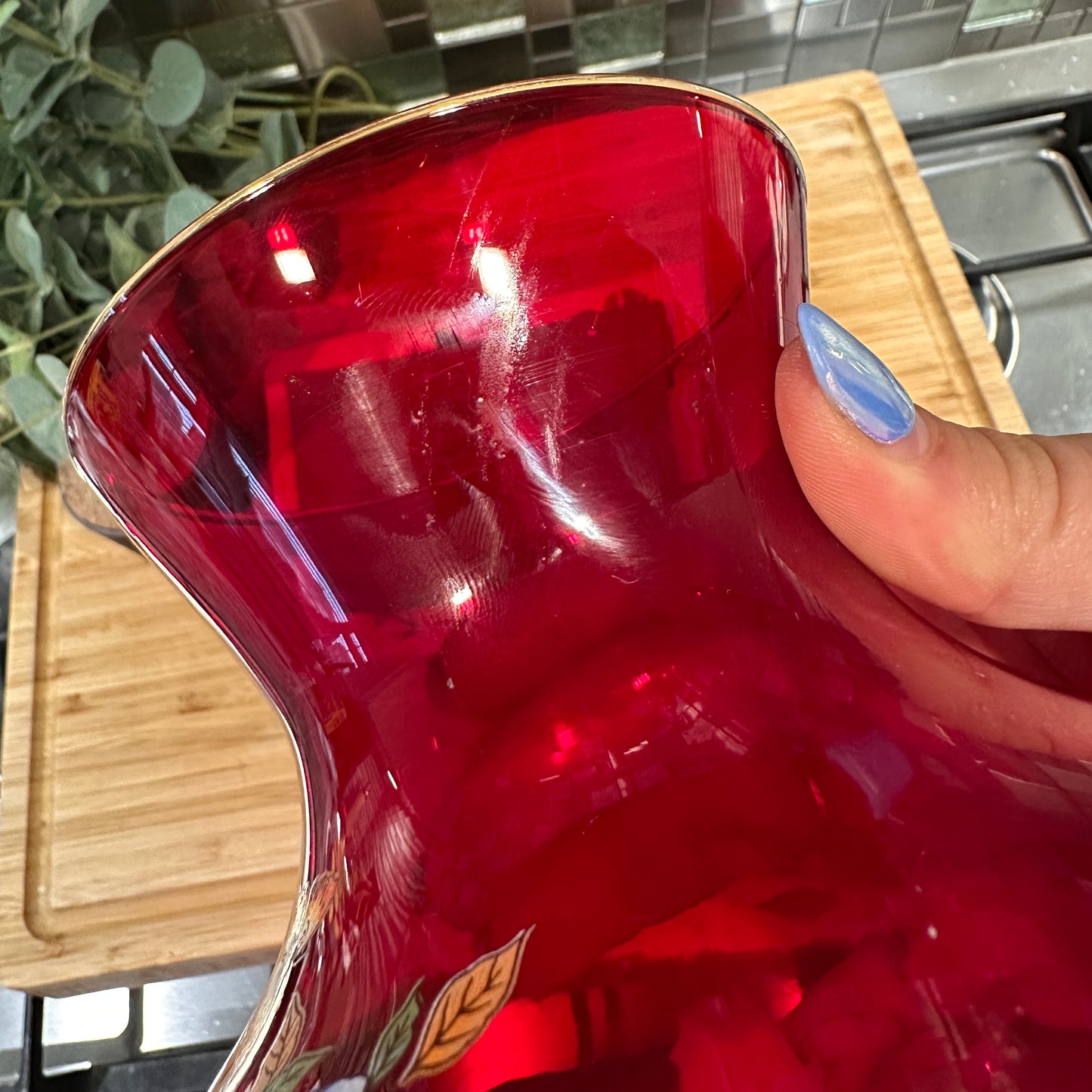 Gorgeous Vintage Blown Glass Vase - Ruby Red with Gold Trim - Made in Italy - Norleans