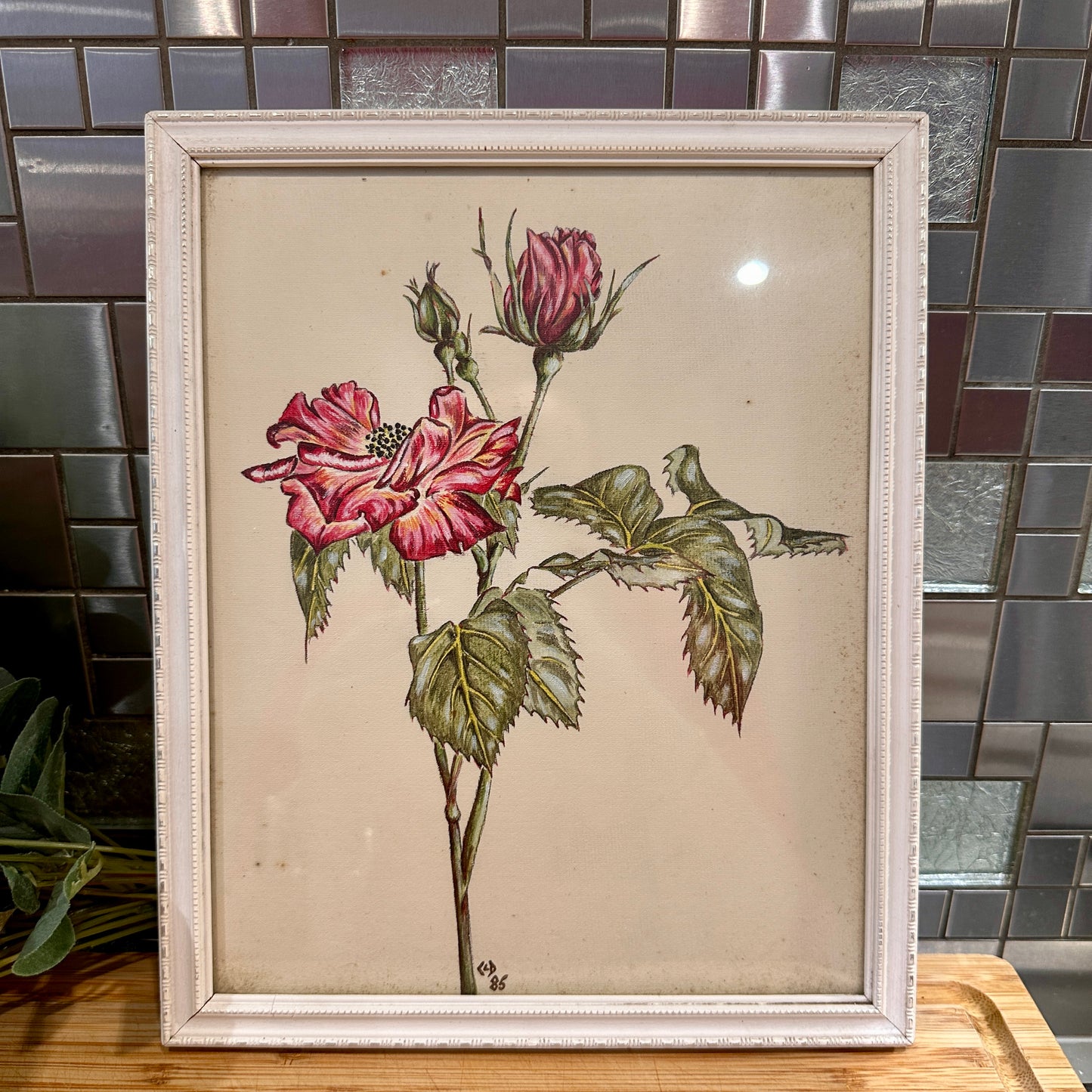 Vintage Framed Rose Drawing on Paper - Original Art by CLD (1985)