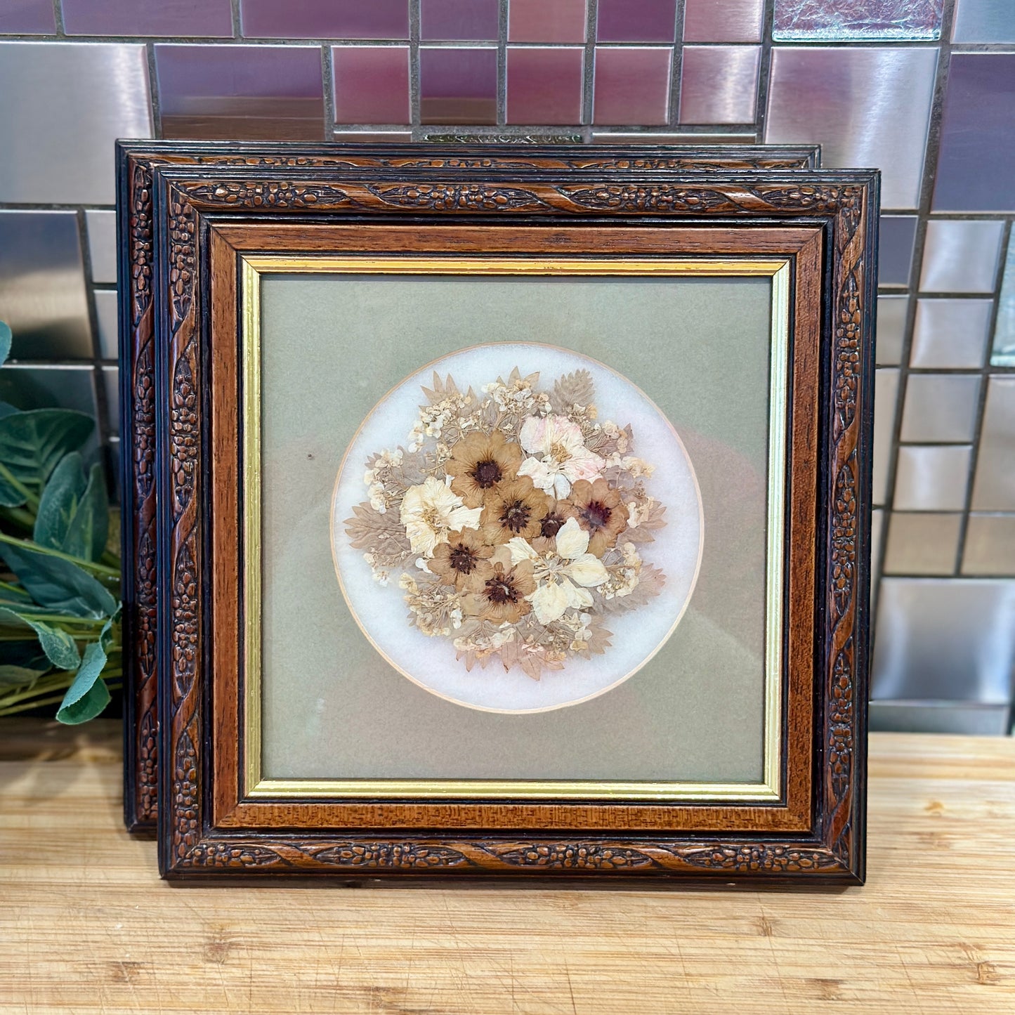 Vintage Framed Dried Pressed Flowers - Pair of Gold & Wood Frames with Pale Green Mounts - Real Flowerheads by Keith & Christine Head