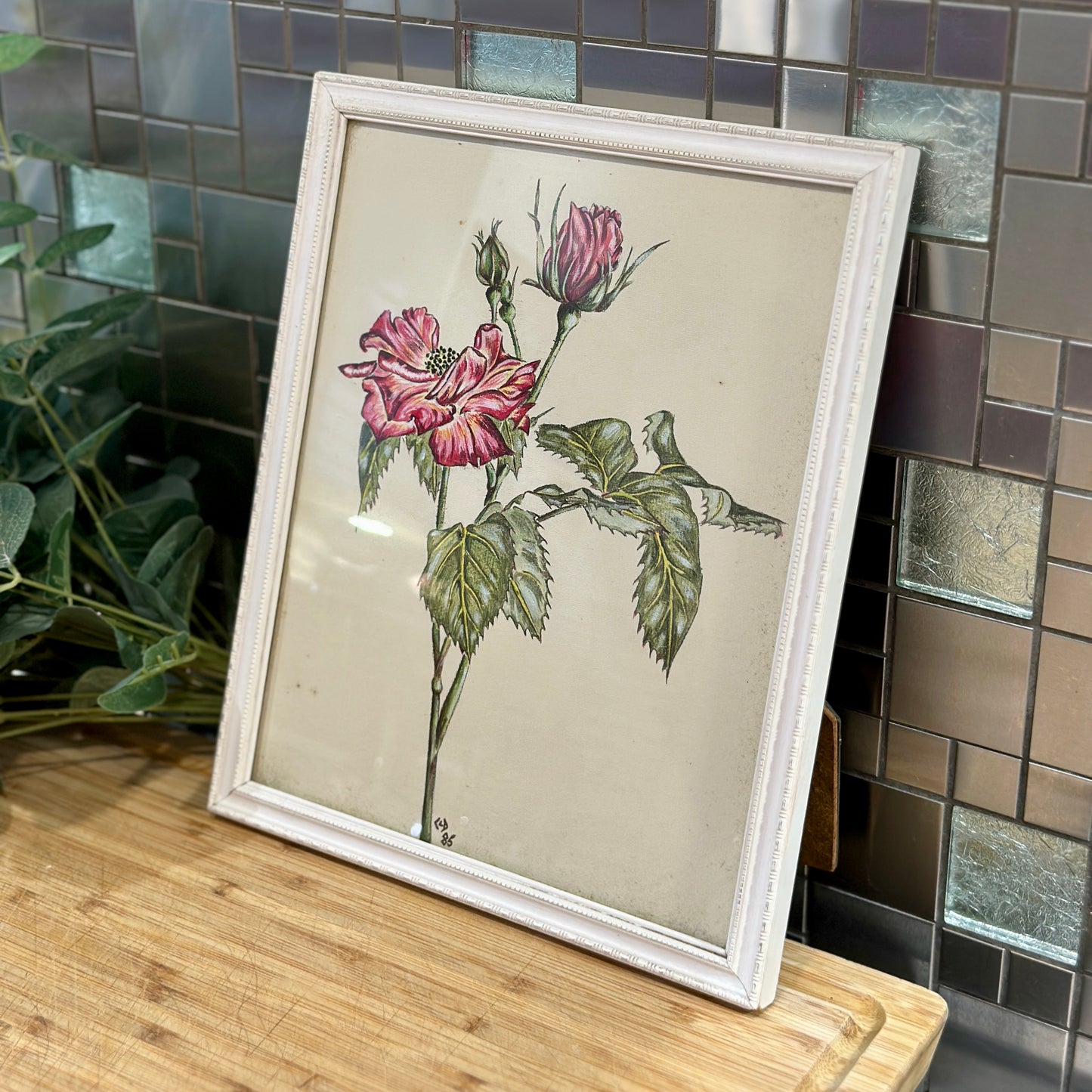 Vintage Framed Rose Drawing on Paper - Original Art by CLD (1985)