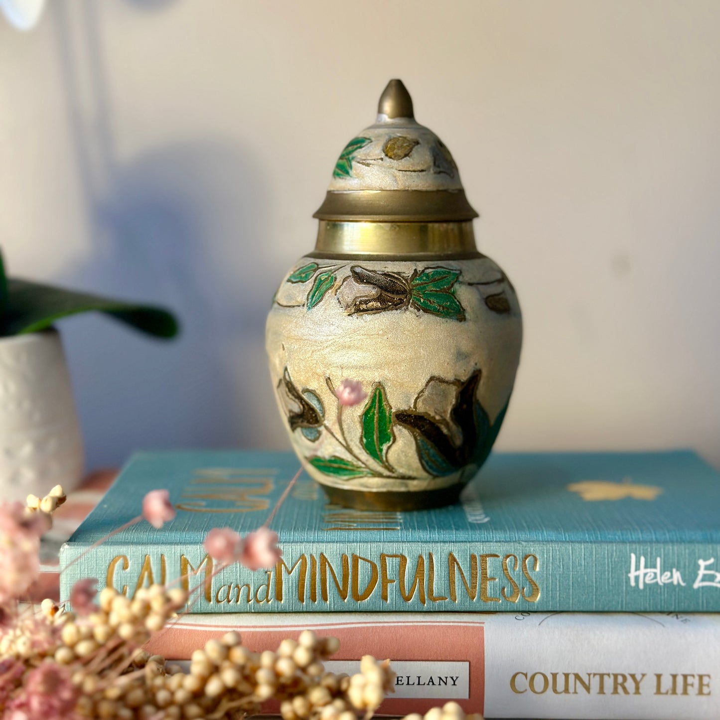 Brass Cloisonné Enamel Ginger Jar with Lid - Flowers & Leaves