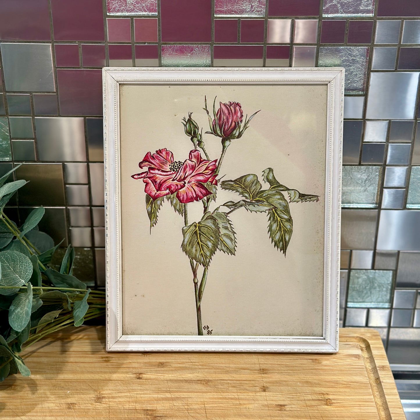 Vintage Framed Rose Drawing on Paper - Original Art by CLD (1985)