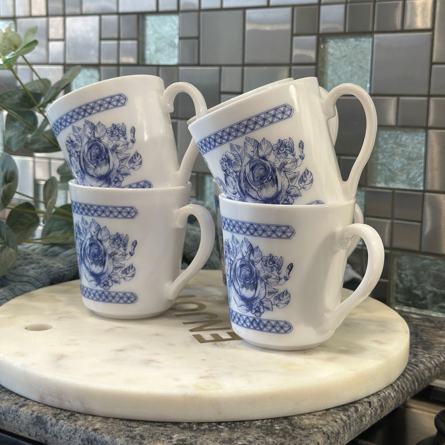 Vintage Arcopal France Honorine Mugs - Set of 6 - Blue Floral