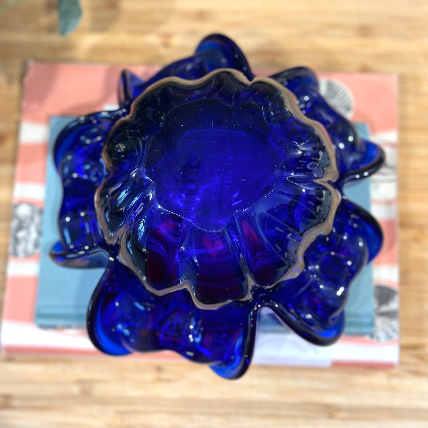 Heavy Vintage Cobalt Blue Glass Ashtray - Ruffled Rim, Polished Base