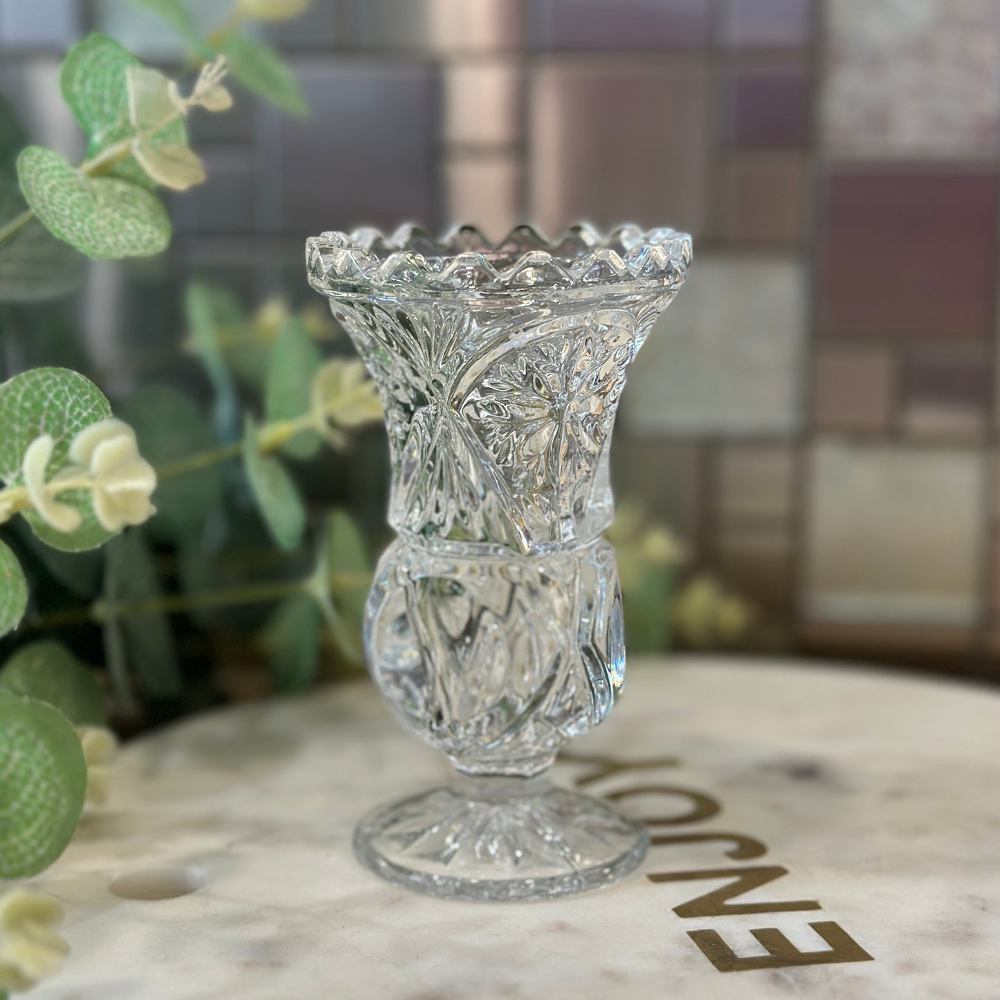 Vintage Cut Glass Footed Violet Vase - Embossed Starburst, Sawtooth Rim