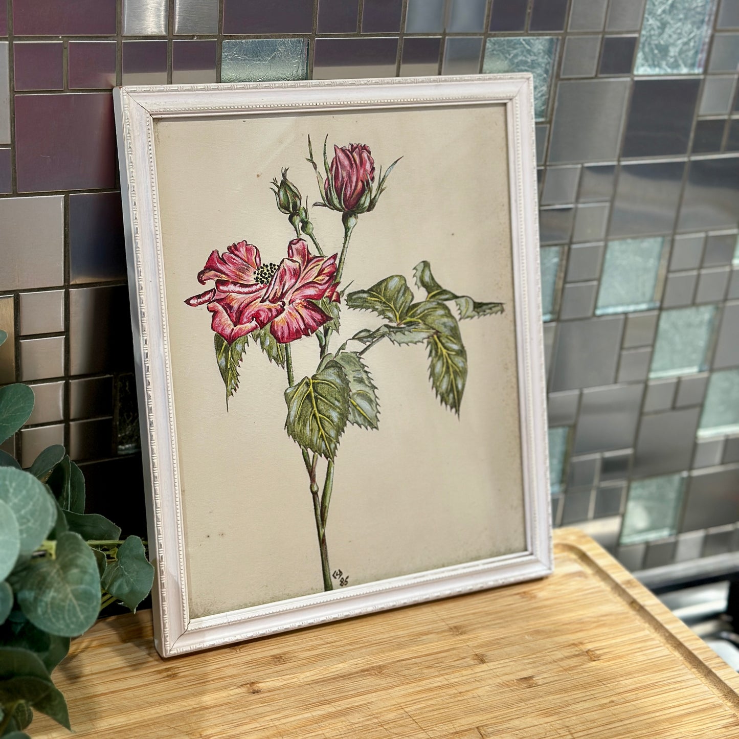 Vintage Framed Rose Drawing on Paper - Original Art by CLD (1985)