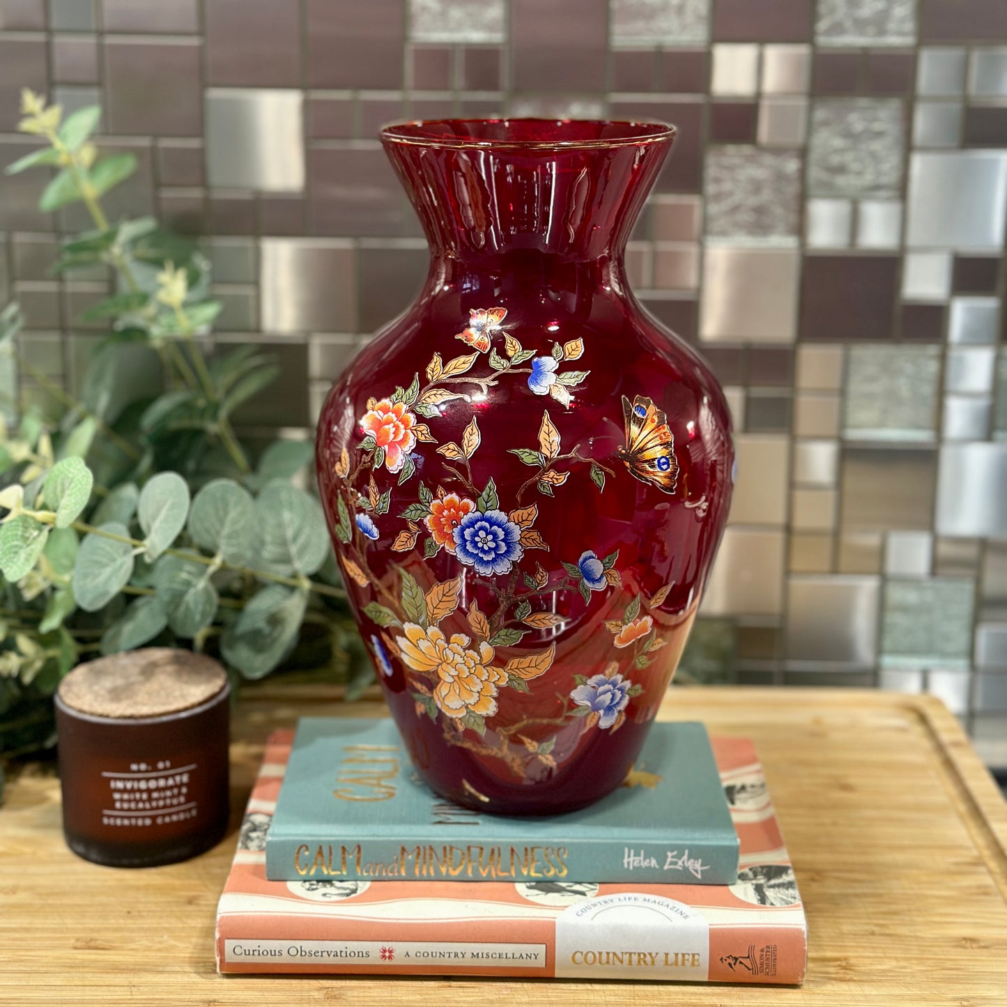 Gorgeous Vintage Blown Glass Vase - Ruby Red with Gold Trim - Made in Italy - Norleans