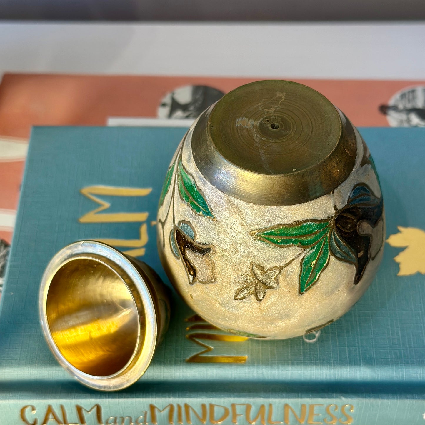 Brass Cloisonné Enamel Ginger Jar with Lid - Flowers & Leaves