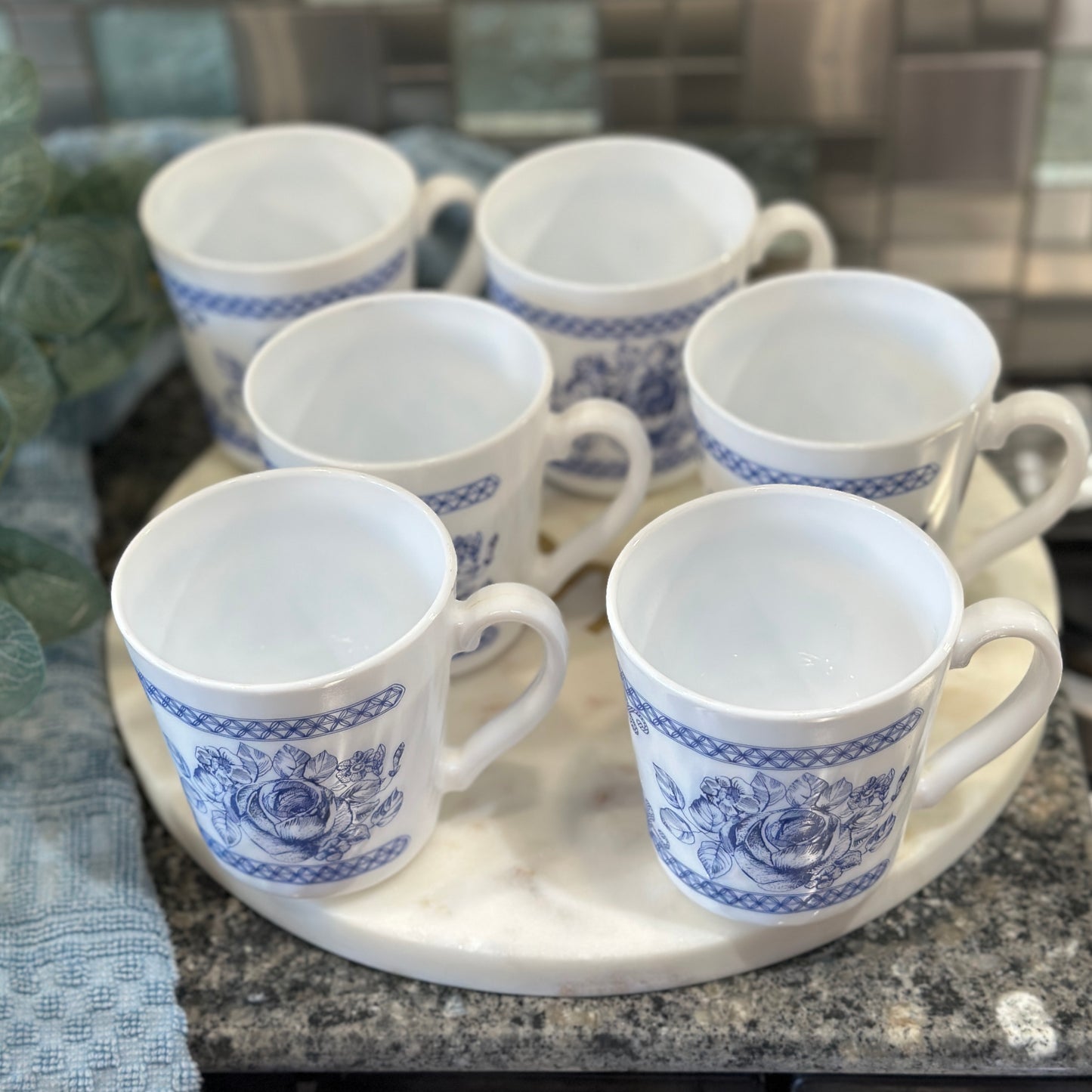 Vintage Arcopal France Honorine Mugs - Set of 6 - Blue Floral