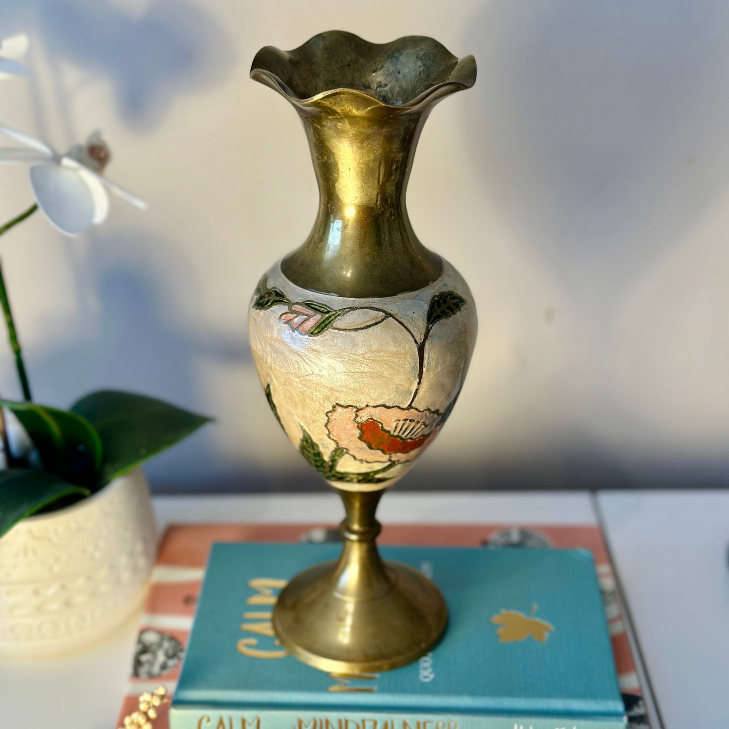 Vintage Brass Cloisonné Enamel Bud Vase - Delicate Floral Design