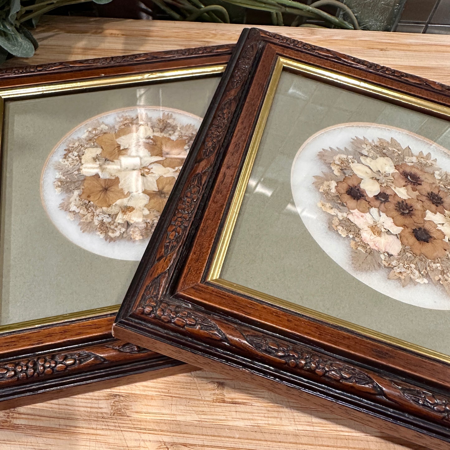 Vintage Framed Dried Pressed Flowers - Pair of Gold & Wood Frames with Pale Green Mounts - Real Flowerheads by Keith & Christine Head