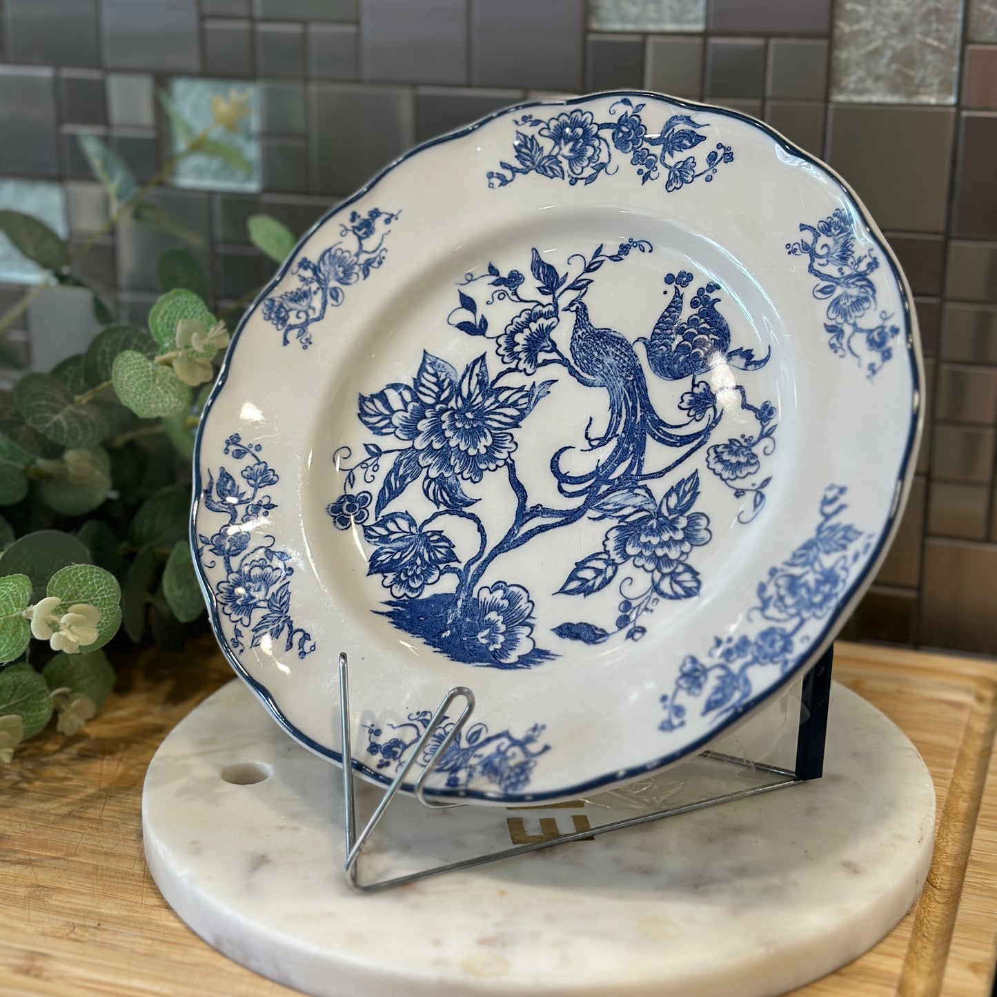 Grindley Staffordshire England Dinner Plate - Blue Peacock & Floral Pattern - Vintage Stoneware