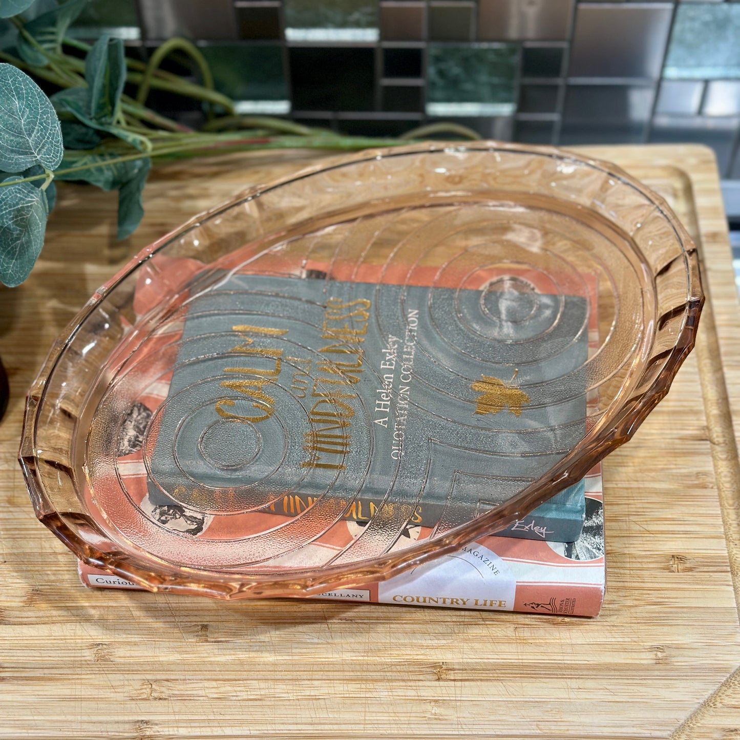 Art Deco Blush Pink Glass Tray - Vintage Vanity Tray - Pressed Glass