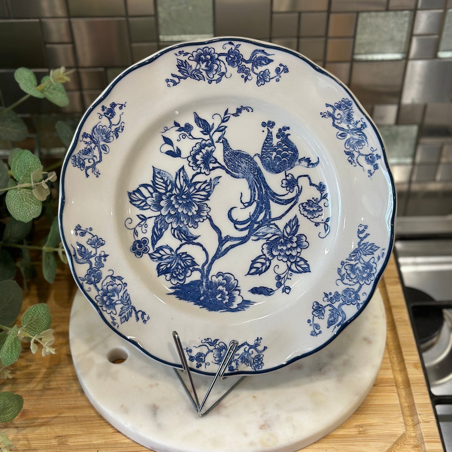 Grindley Staffordshire England Dinner Plate - Blue Peacock & Floral Pattern - Vintage Stoneware