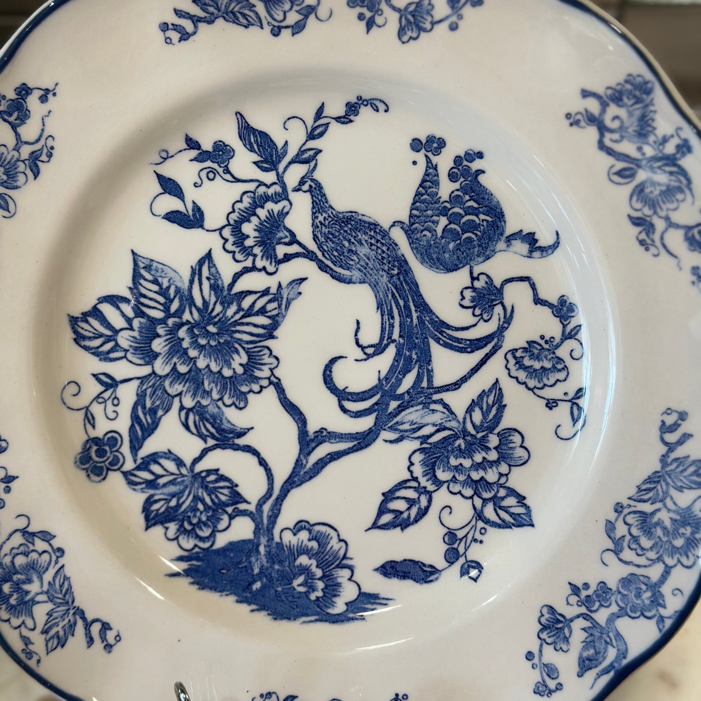 Grindley Staffordshire England Dinner Plate - Blue Peacock & Floral Pattern - Vintage Stoneware