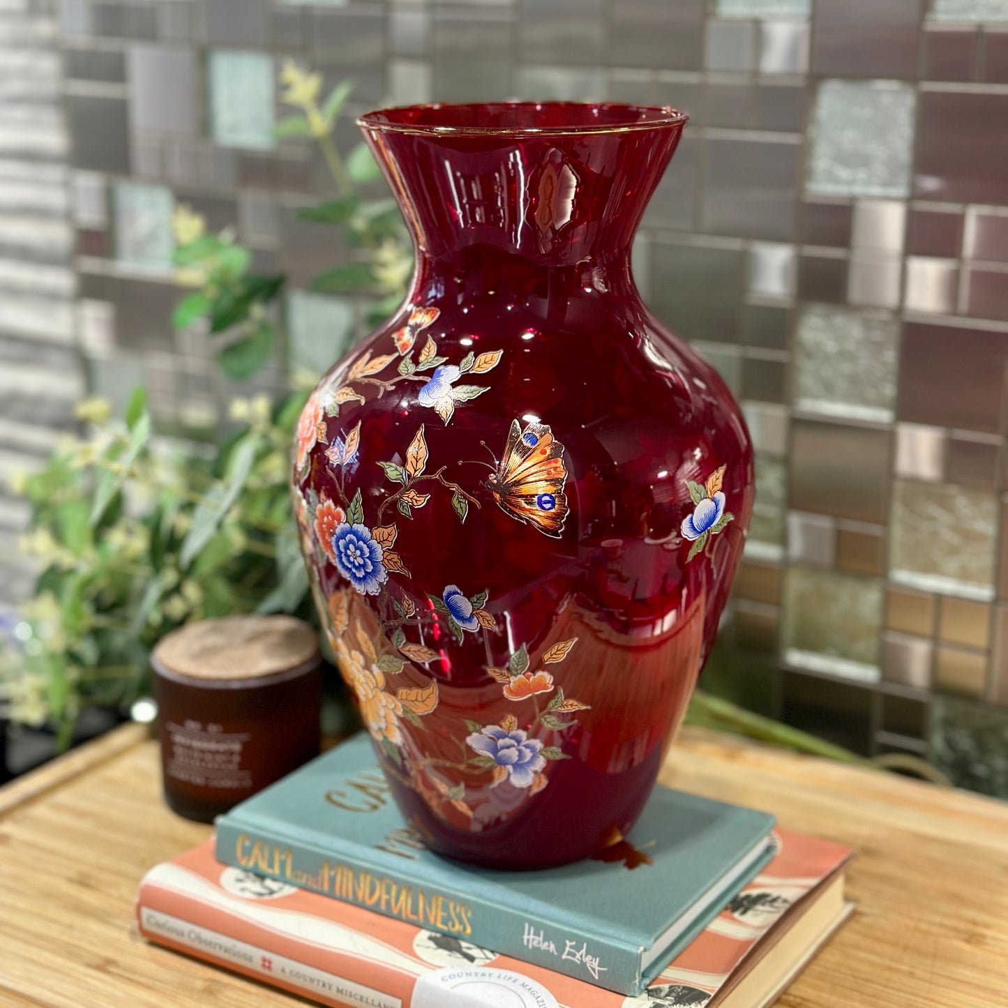 Gorgeous Vintage Blown Glass Vase - Ruby Red with Gold Trim - Made in Italy - Norleans