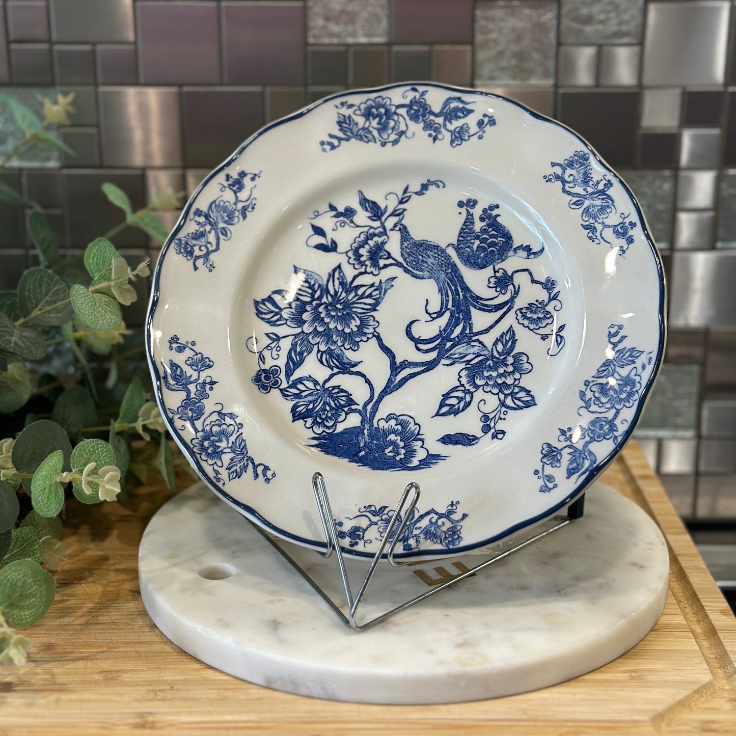 Grindley Staffordshire England Dinner Plate - Blue Peacock & Floral Pattern - Vintage Stoneware