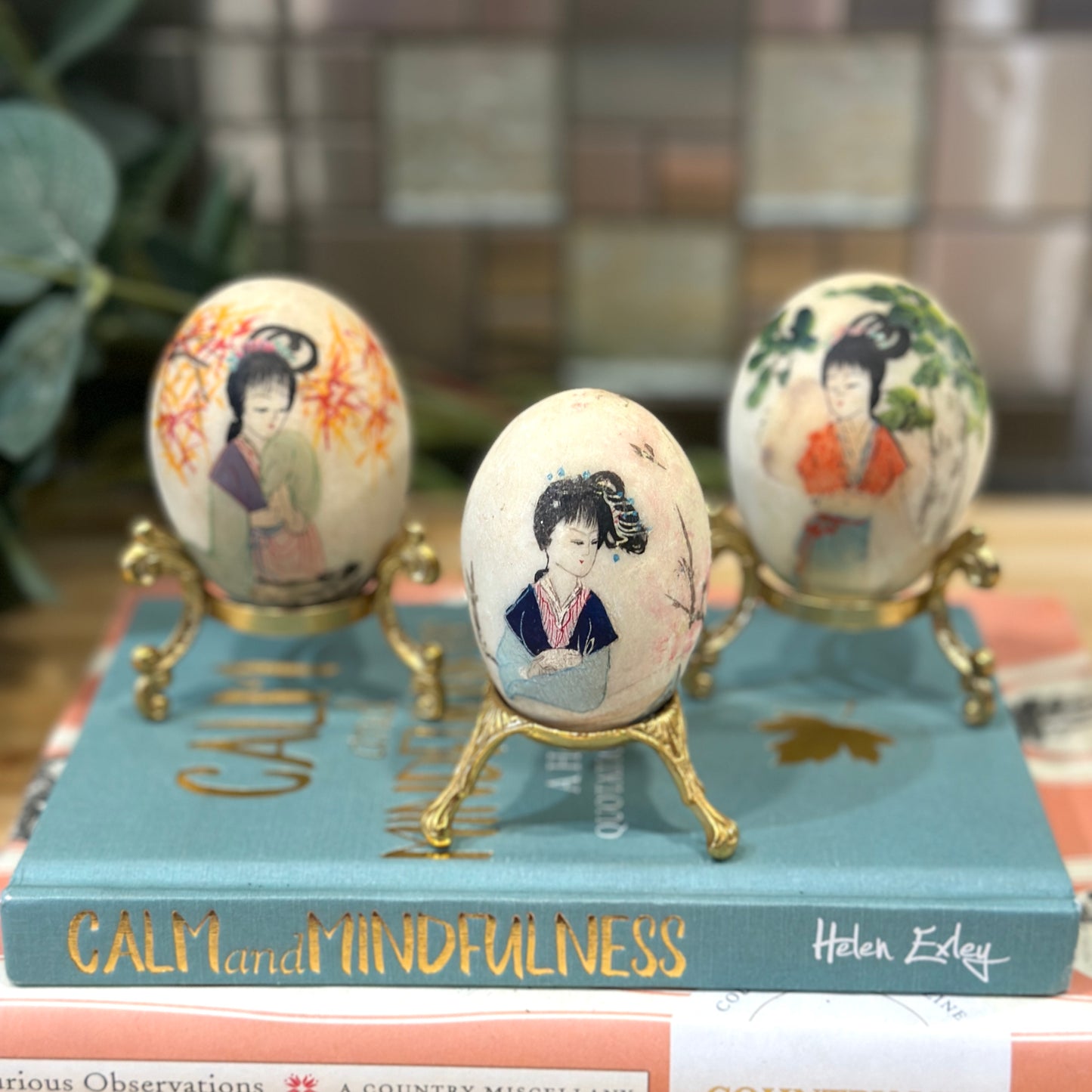 Hand-Painted Stone Eggs on Gold Stands - Set of 3 (Japanese Theme)