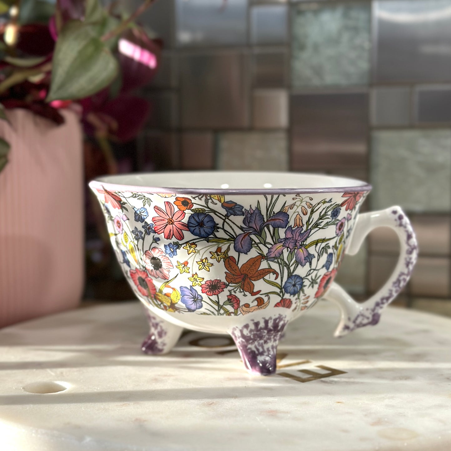 The Aurelia: Purple Floral Ceramic Tea Cup by The British Ironwork Centre