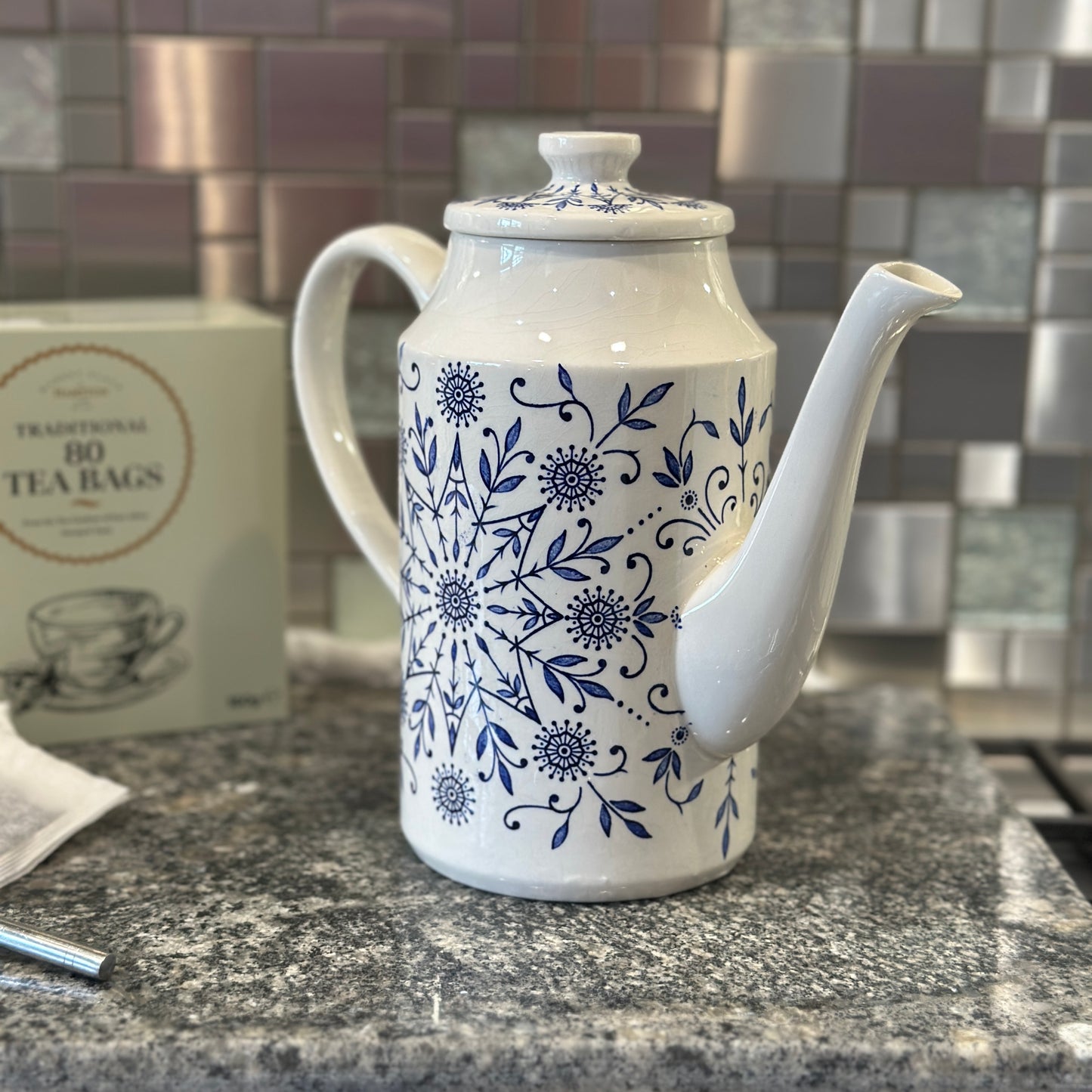 Vintage Midwinter Valencia Coffee Pot - Blue & White Ironstone