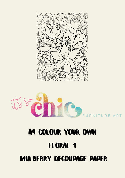 Decoupage Paper | Craft Paper | Colour Your Own Floral 1 | A4 Mulberry | It’s So Chic Furniture Art