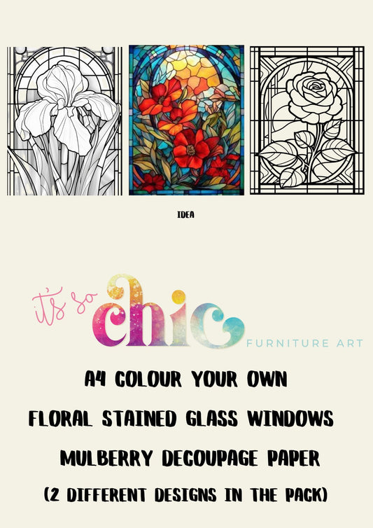 Decoupage Paper | Craft Paper | Colour Your Own Floral Stained Glass Windows (2 different sheets included in the pack) | A4 Mulberry | It’s So Chic Furniture Art