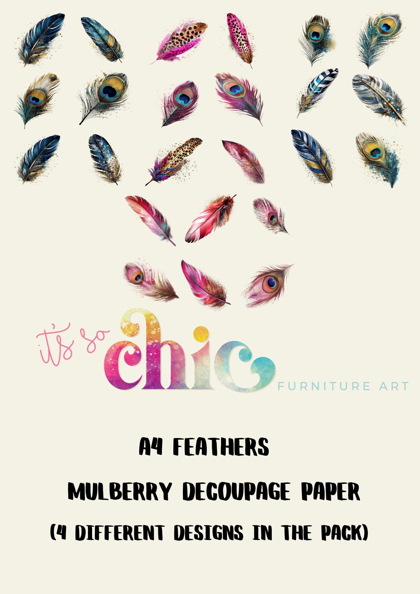 Decoupage Paper | Craft Paper | Feathers (4 different designs in the pack) | A4 Mulberry | It’s So Chic Furniture Art