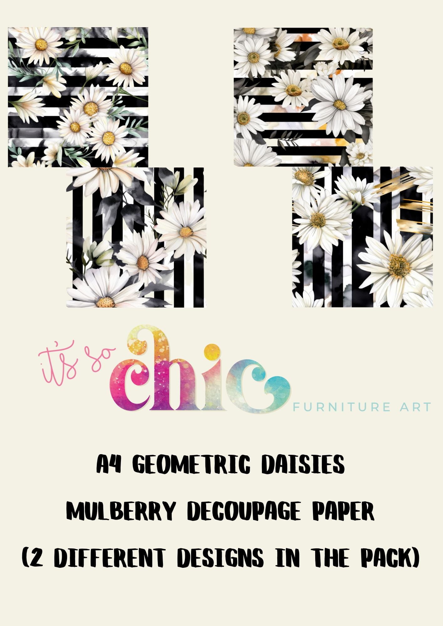 Decoupage Paper | Craft Paper | Geometric Daisies (2 different designs in the pack) | A4 Mulberry | It’s So Chic Furniture Art