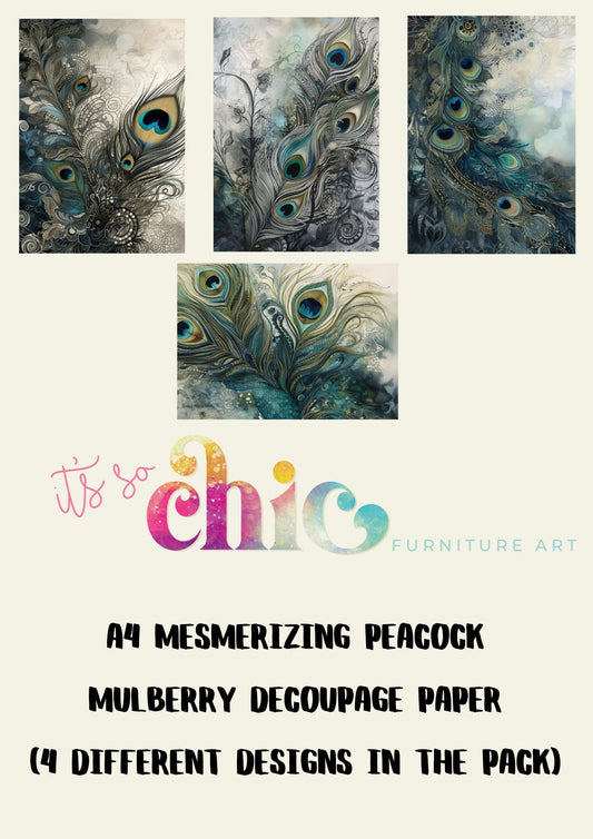 Decoupage Paper | Craft Paper | Mesmerizing Peacock (4 different designs in the pack) | A4 Mulberry | It’s So Chic Furniture Art