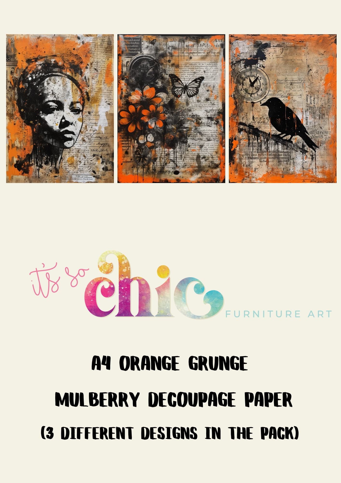 Decoupage Paper | Craft Paper | Orange Grunge (3 different designs in the pack) | A4 Mulberry | It’s So Chic Furniture Art