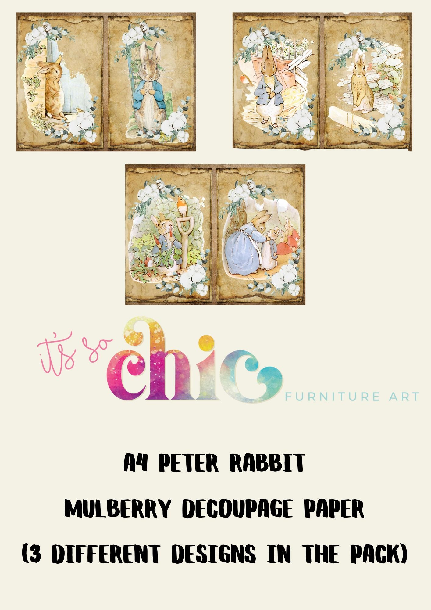 Decoupage Paper | Craft Paper | Peter Rabbit (3 different designs in the pack) | A4 Mulberry | It’s So Chic Furniture Art (Copy)