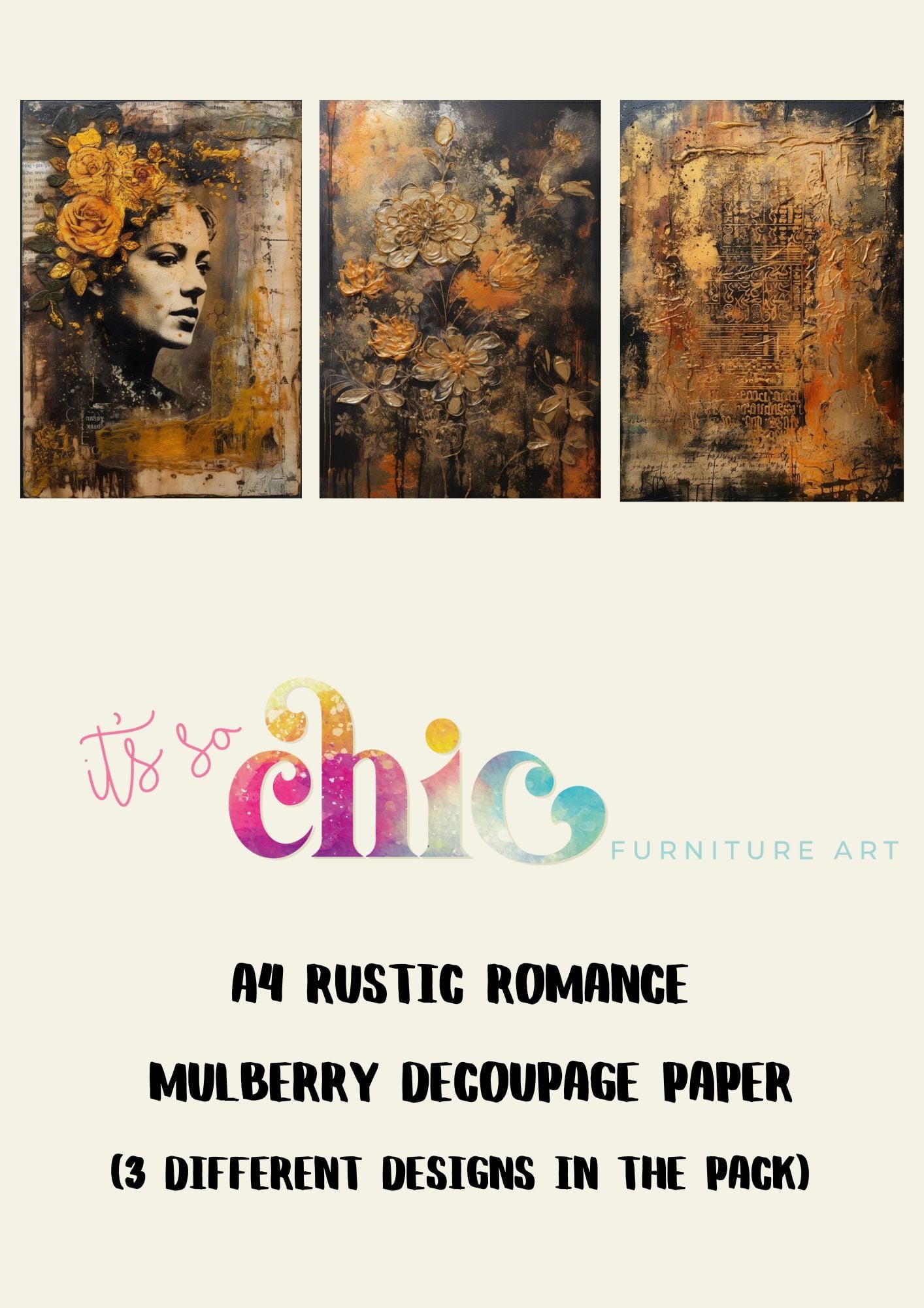 Decoupage Paper | Craft Paper | Rustic Romance (3 different designs in the pack) | A4 Mulberry | It’s So Chic Furniture Art