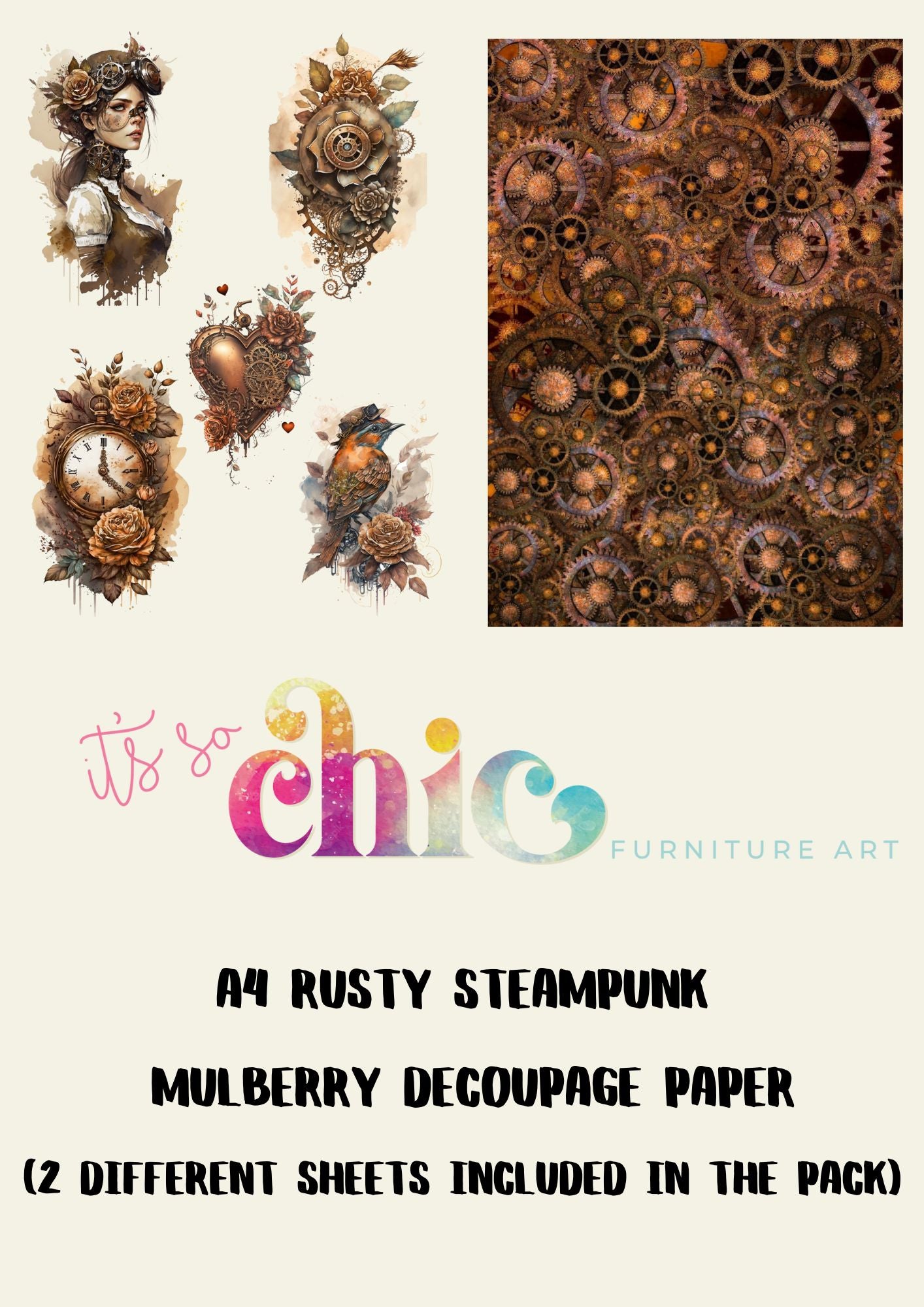 Decoupage Paper | Craft Paper | Rusty Steampunk (2 different sheets included in the pack) | A4 Mulberry | It’s So Chic Furniture Art