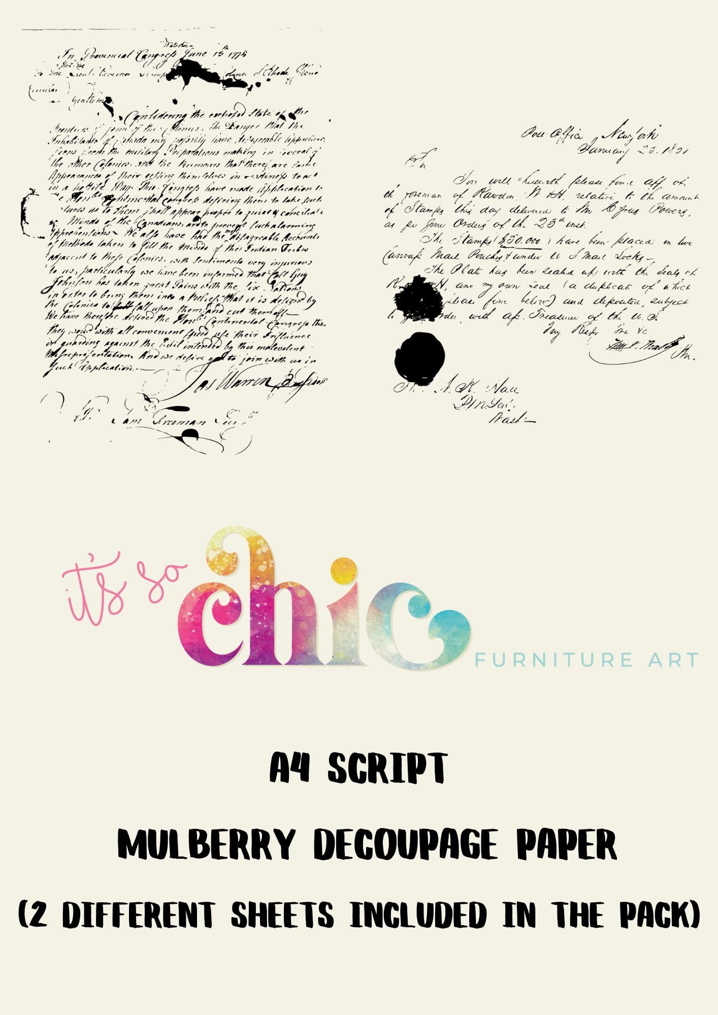 Decoupage Paper | Craft Paper | Script (2 different sheets included in the pack) | A4 Mulberry | It’s So Chic Furniture Art