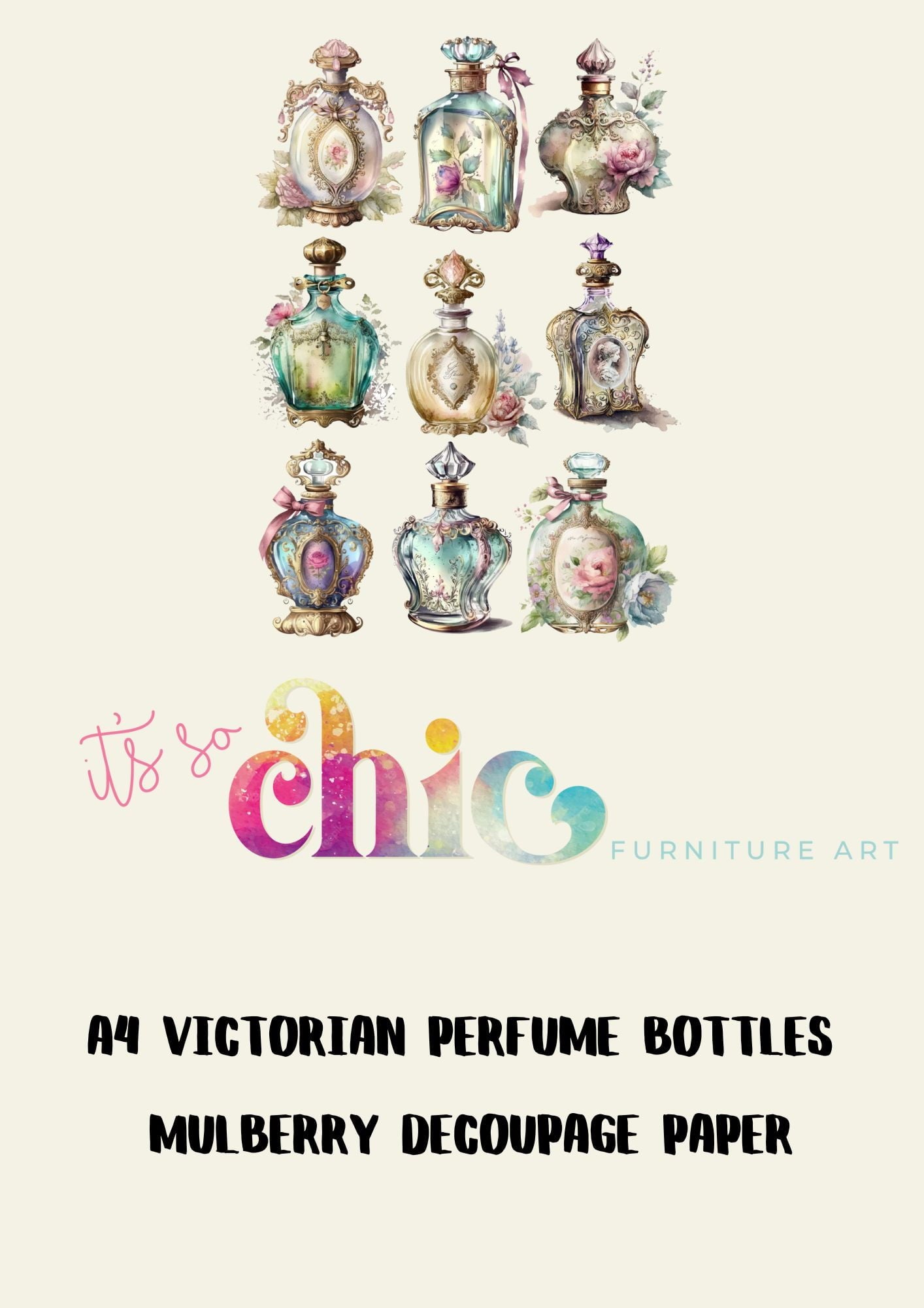 Decoupage Paper | Craft Paper | Victorian Perfume Bottles | A4 Mulberry | It’s So Chic Furniture Art