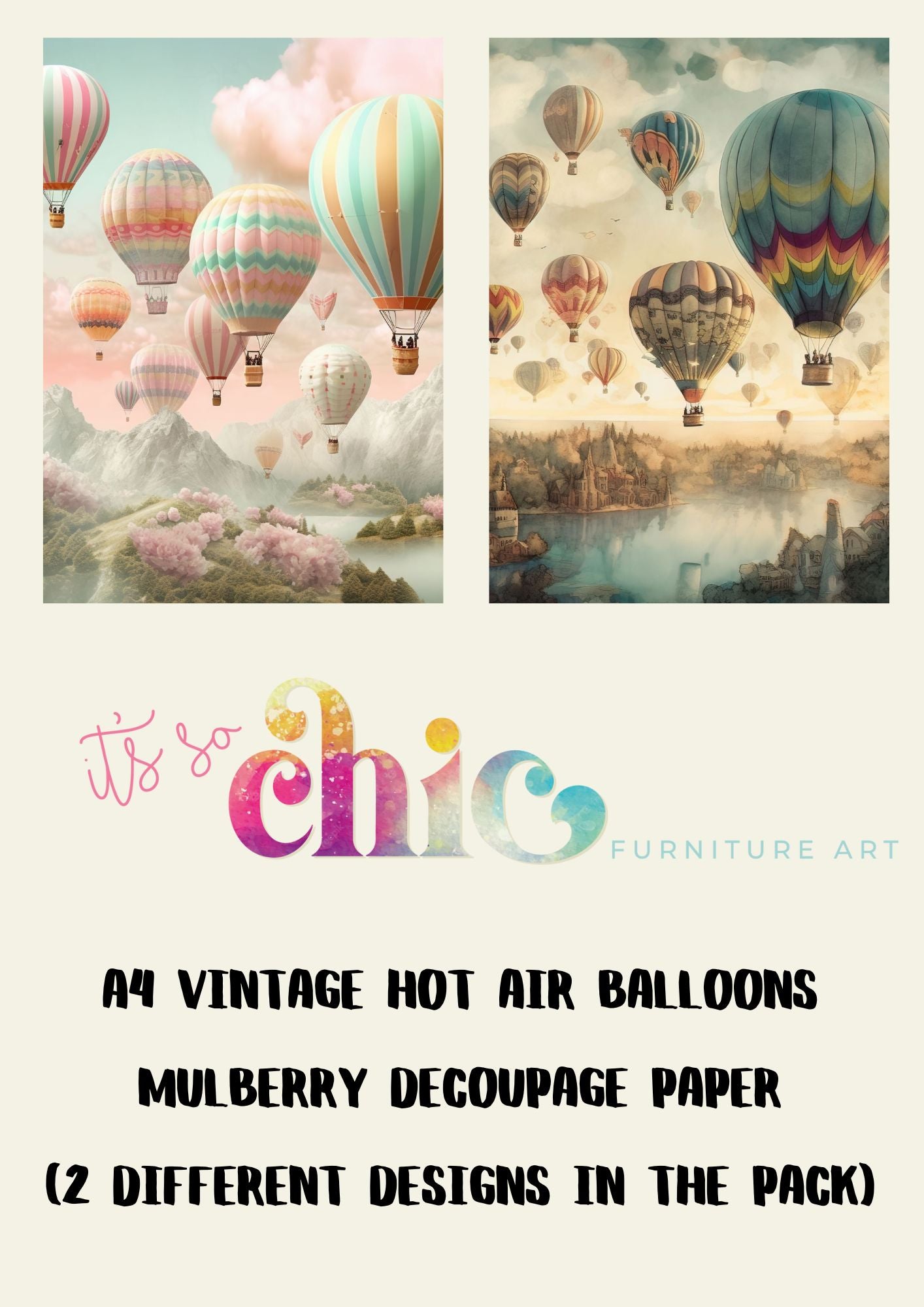 Decoupage Paper | Craft Paper | Vintage Hot Air Balloons (2 different designs in the pack) | A4 Mulberry | It’s So Chic Furniture Art