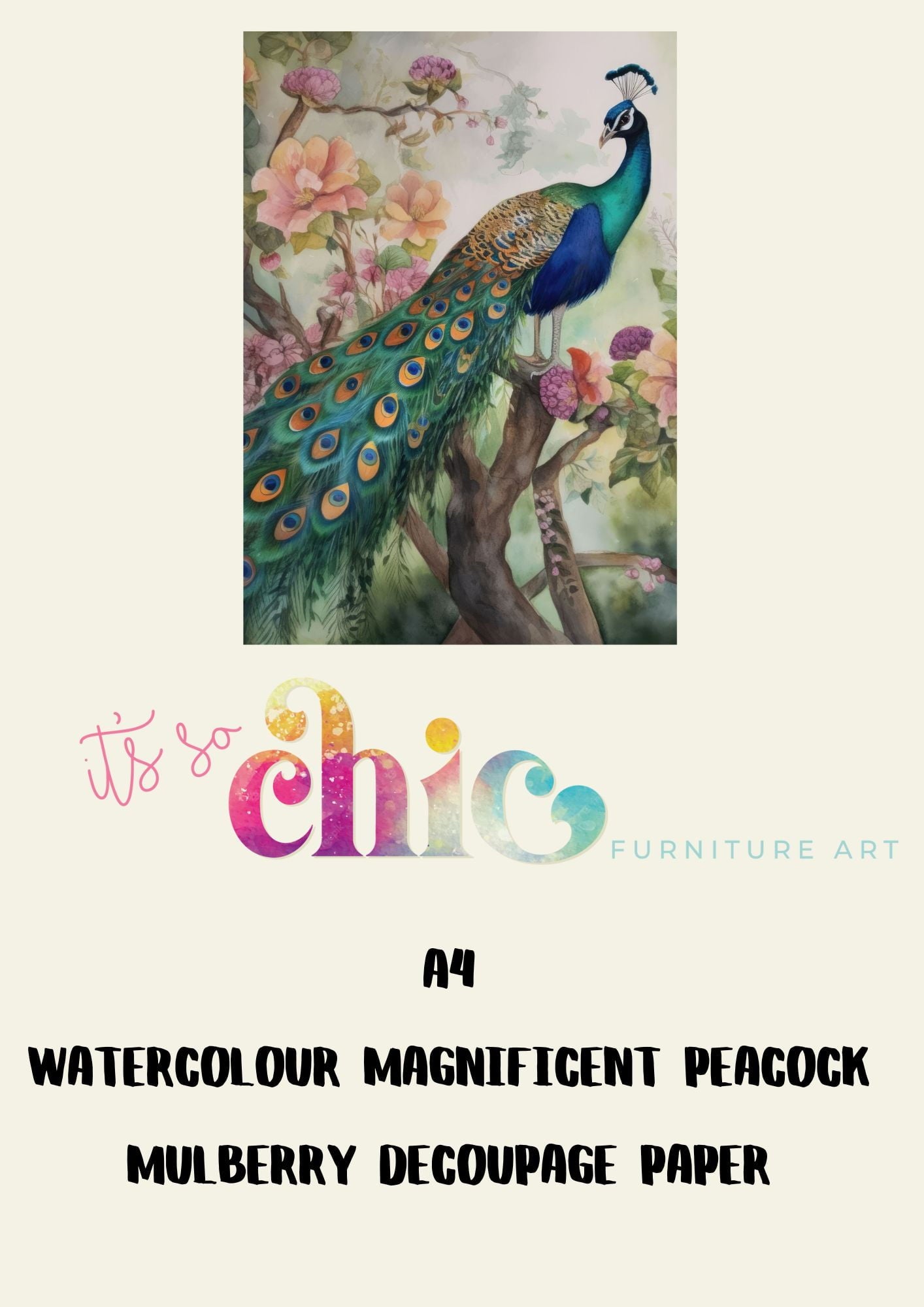 Decoupage Paper | Craft Paper | Watercolour Magnificent Peacock | A4 Mulberry | It’s So Chic Furniture Art